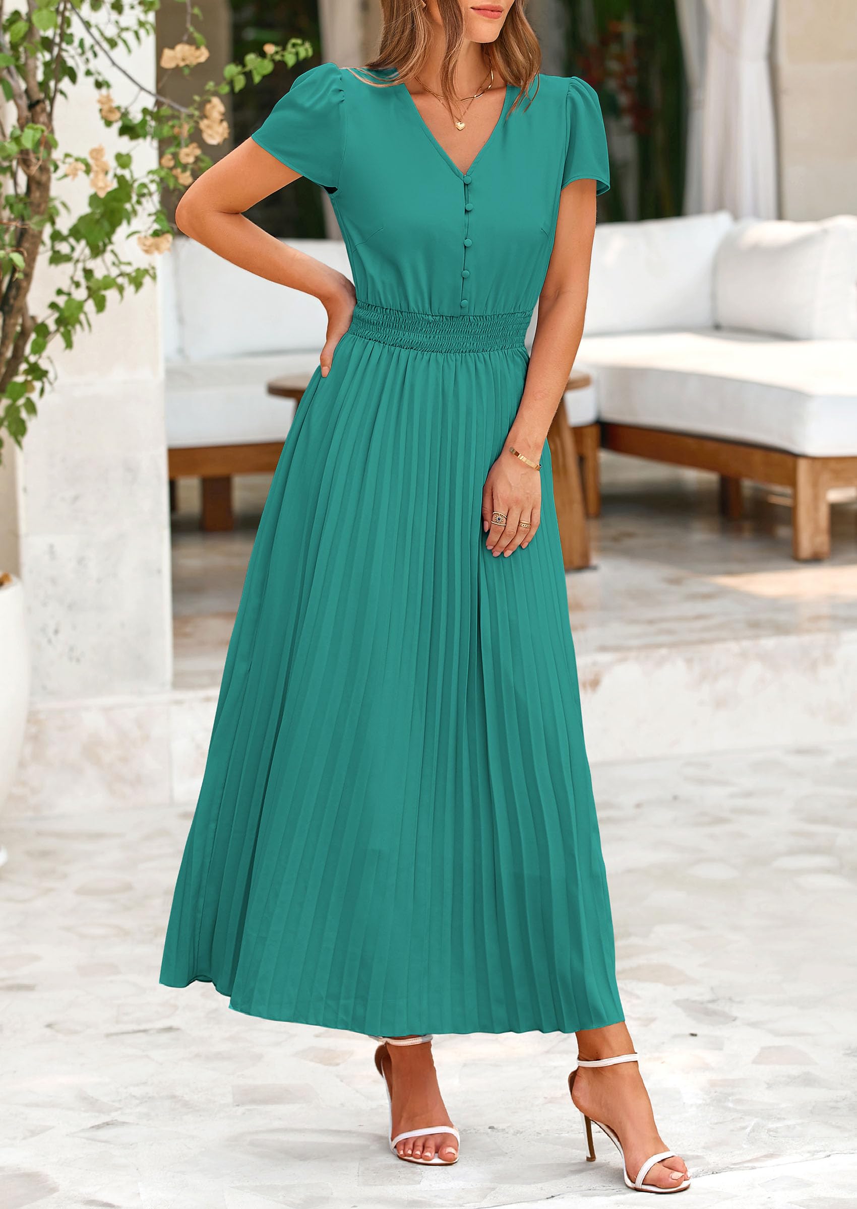Foto 6 | Vestido Largo Prettygarden Verano 2025 Con Cuello En V Y Manga Corta Con Volantes - Venta Internacional.