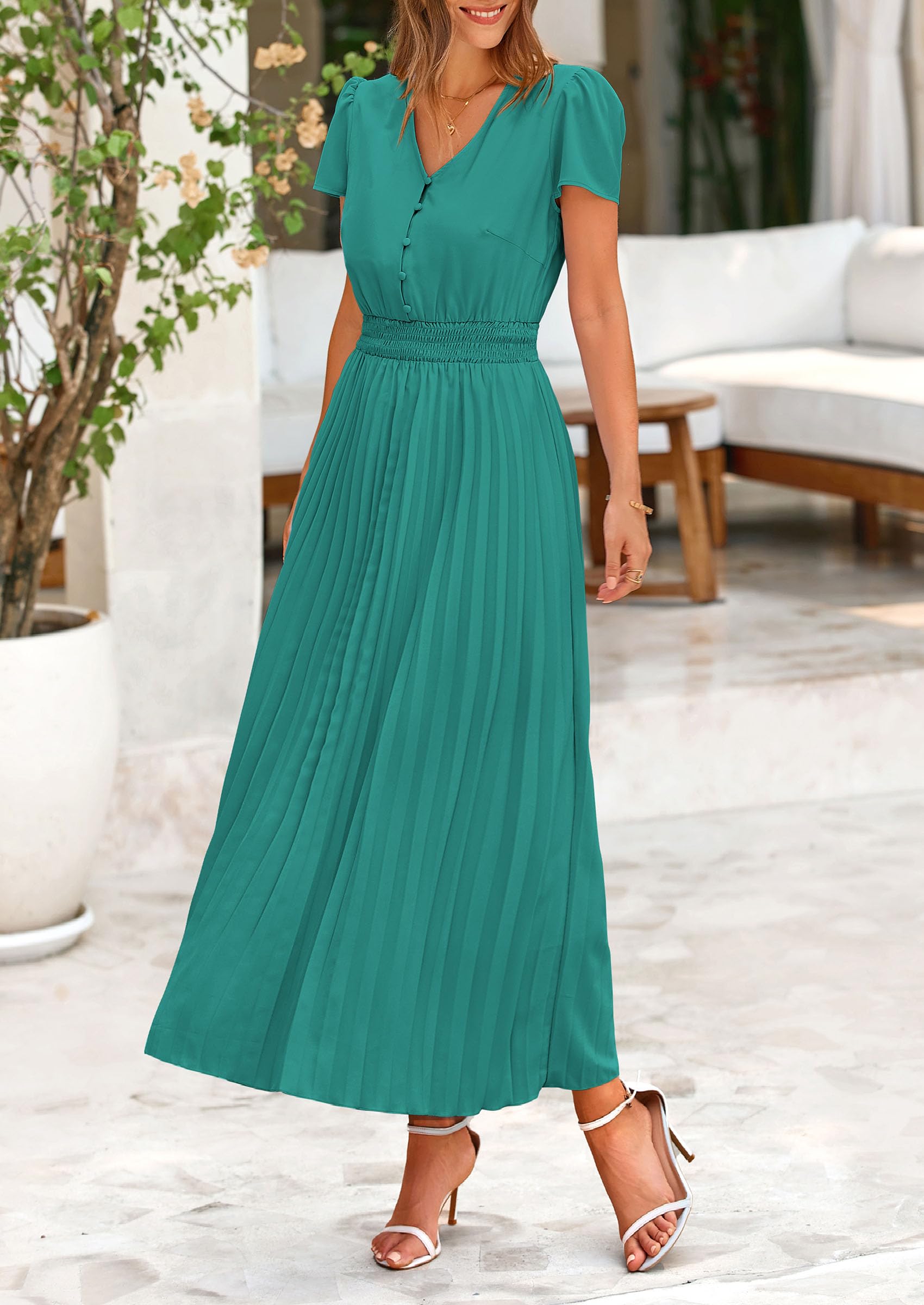 Foto 7 | Vestido Largo Prettygarden Verano 2025 Con Cuello En V Y Manga Corta Con Volantes - Venta Internacional.