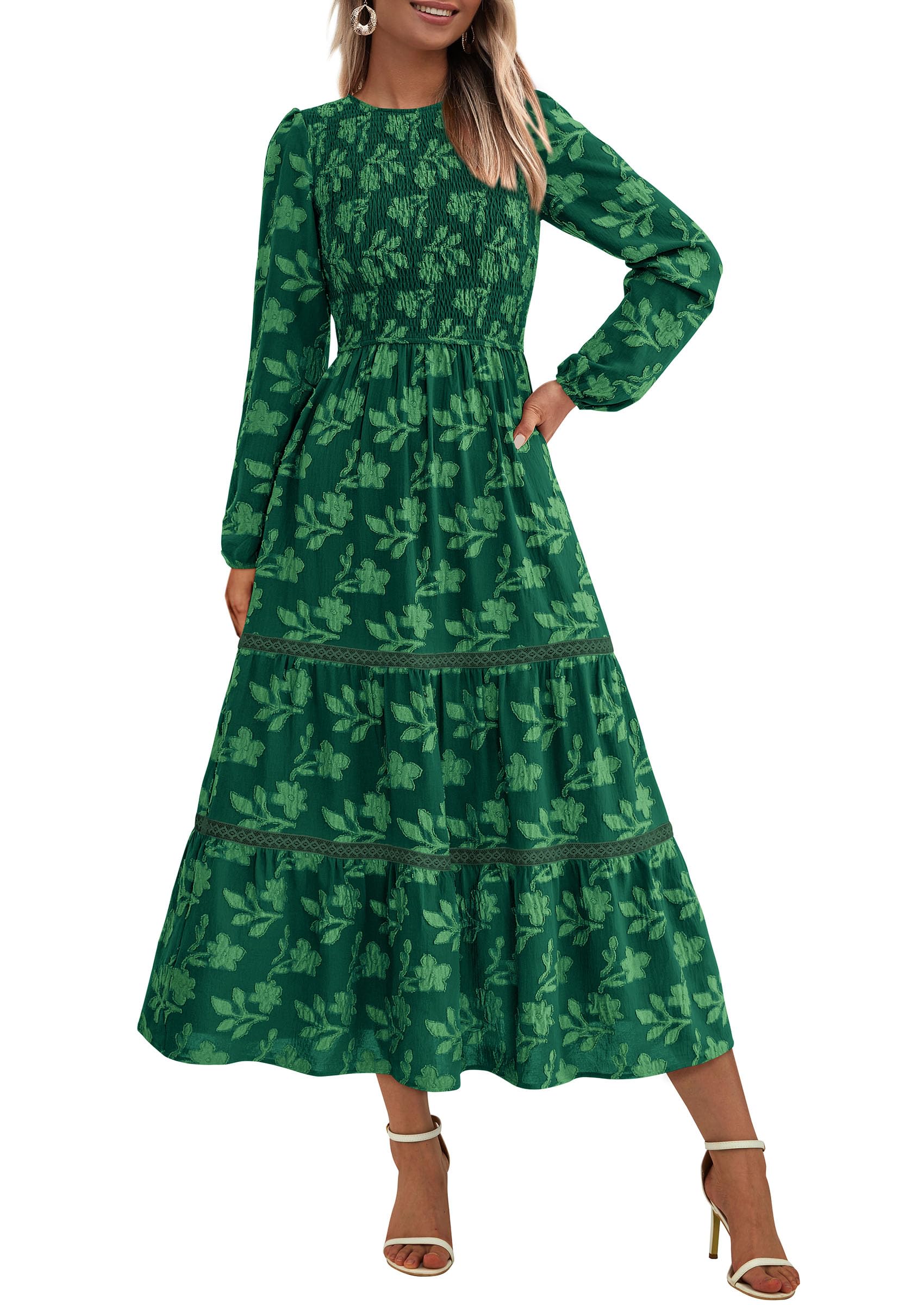 Vestido Midi Prettygarden De Manga Larga Para Mujer, Color Verde Oscuro Fruncido - Venta Internacional.