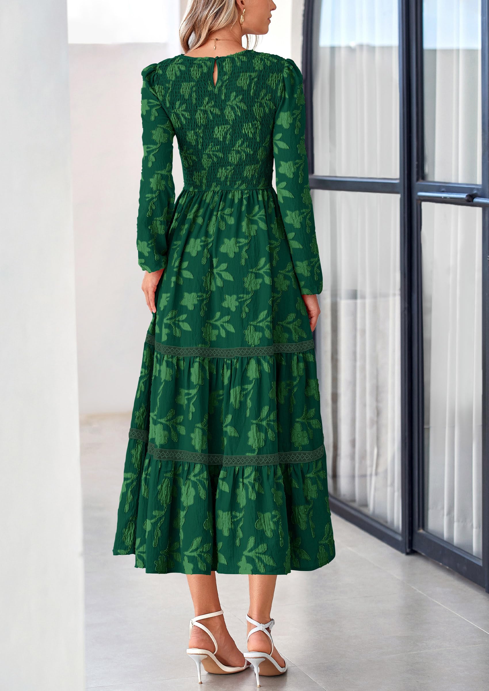 Foto 3 pulgar | Vestido Midi Prettygarden De Manga Larga Para Mujer, Color Verde Oscuro Fruncido - Venta Internacional.