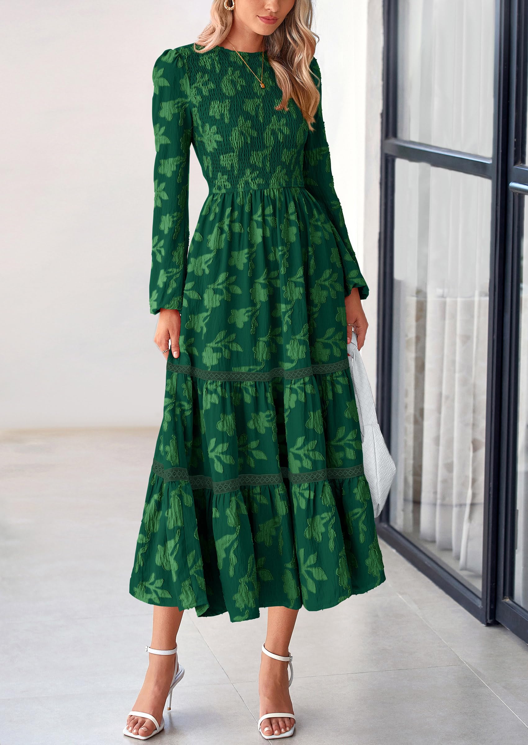 Foto 4 pulgar | Vestido Midi Prettygarden De Manga Larga Para Mujer, Color Verde Oscuro Fruncido - Venta Internacional.