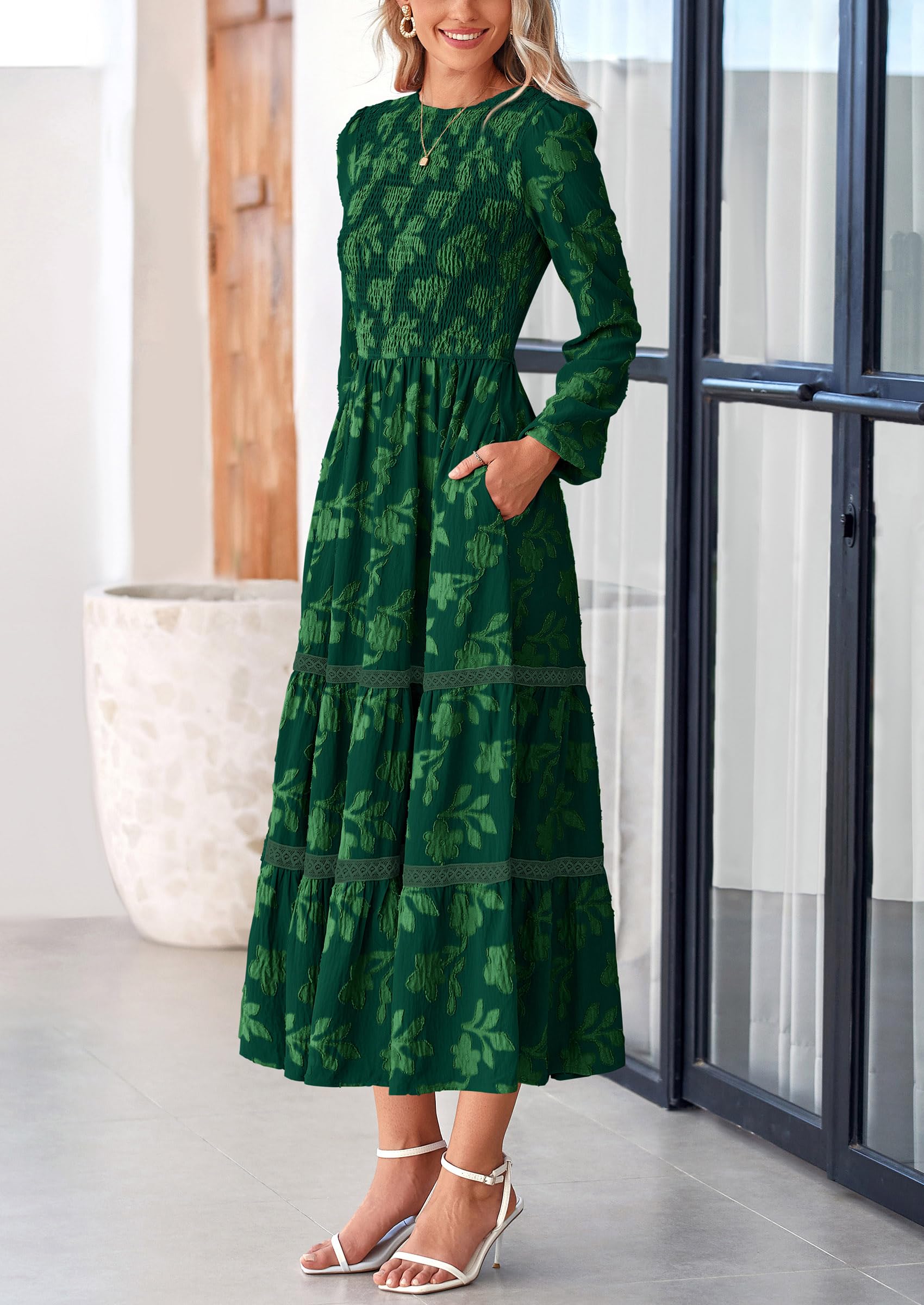 Foto 5 pulgar | Vestido Midi Prettygarden De Manga Larga Para Mujer, Color Verde Oscuro Fruncido - Venta Internacional.