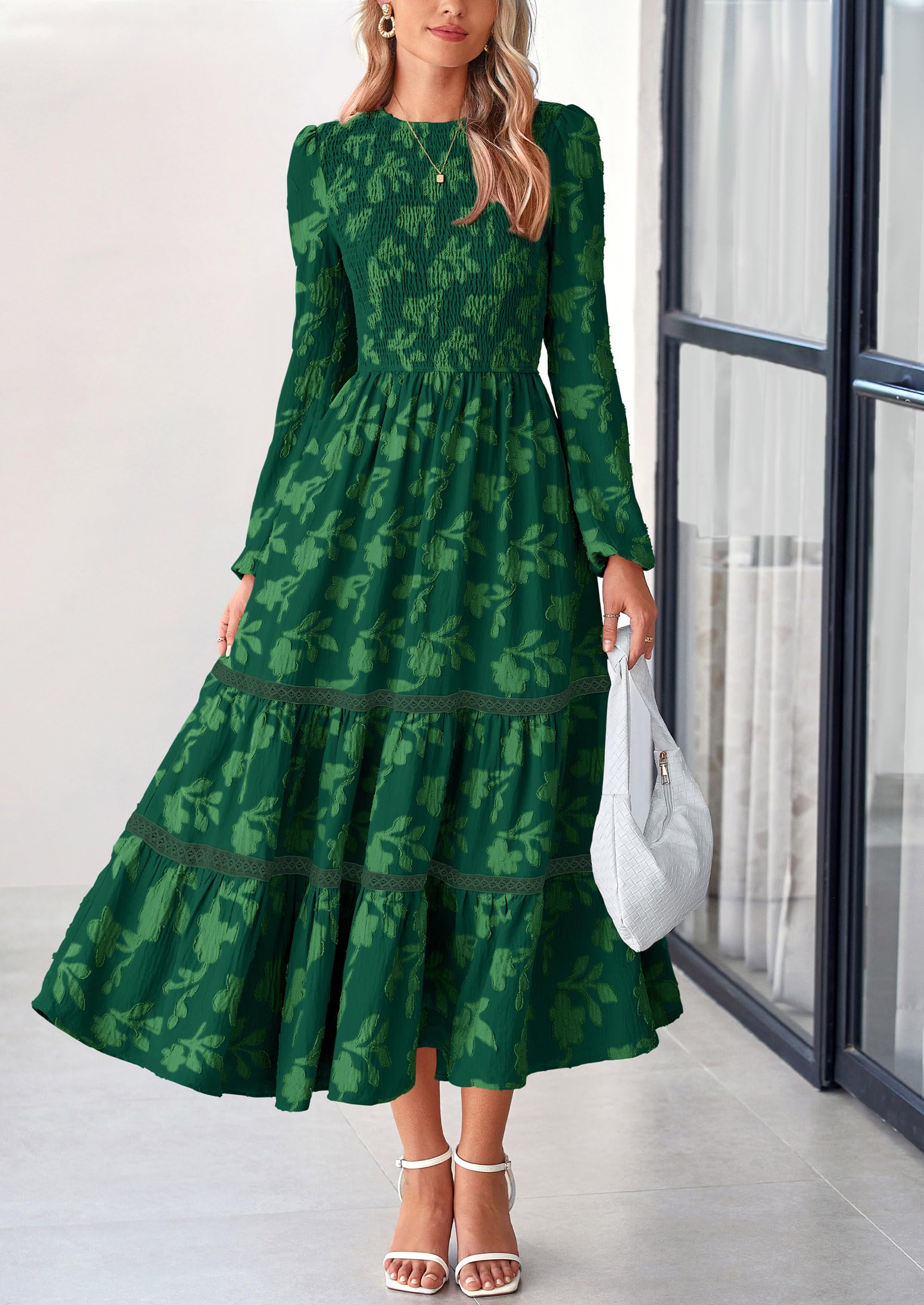 Foto 6 pulgar | Vestido Midi Prettygarden De Manga Larga Para Mujer, Color Verde Oscuro Fruncido - Venta Internacional.