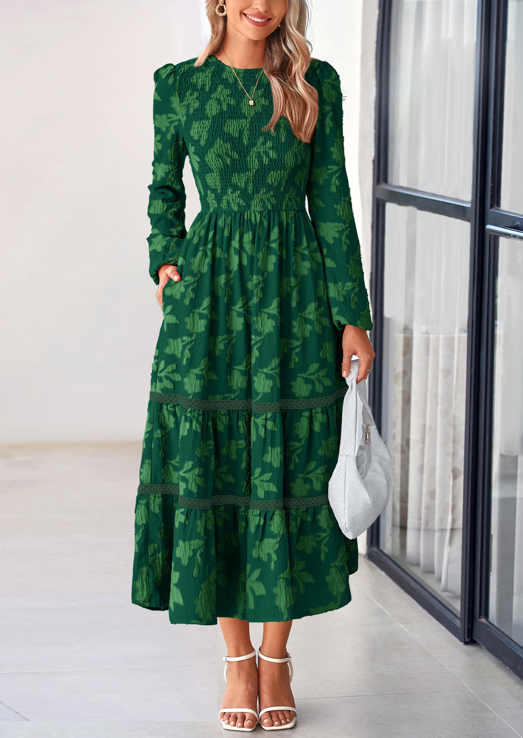 Foto 8 pulgar | Vestido Midi Prettygarden De Manga Larga Para Mujer, Color Verde Oscuro Fruncido - Venta Internacional.