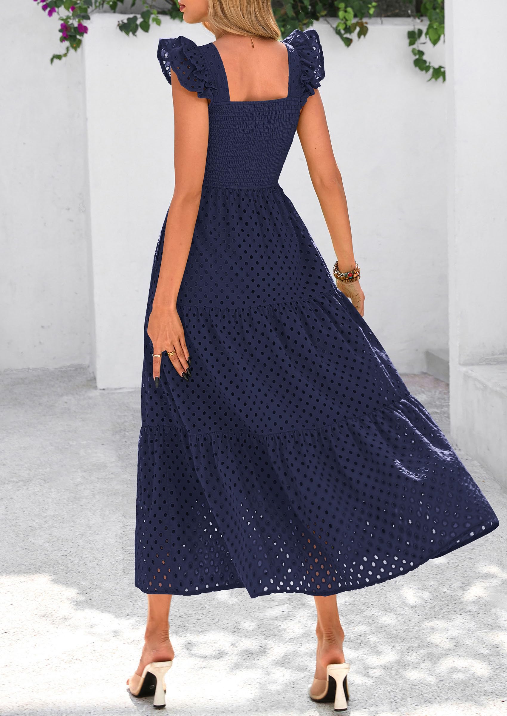 Foto 3 pulgar | Vestido Largo Prettygarden Para Mujer Con Cuello Cuadrado Y Ojales, Azul Marino - Venta Internacional.