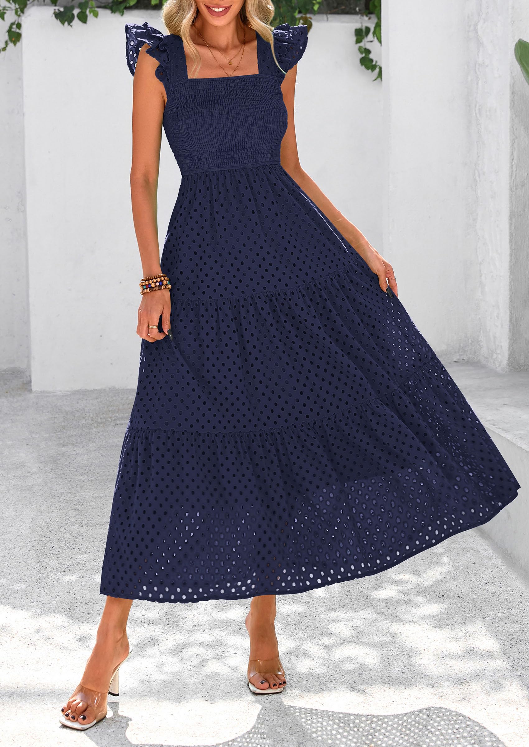 Foto 4 pulgar | Vestido Largo Prettygarden Para Mujer Con Cuello Cuadrado Y Ojales, Azul Marino - Venta Internacional.