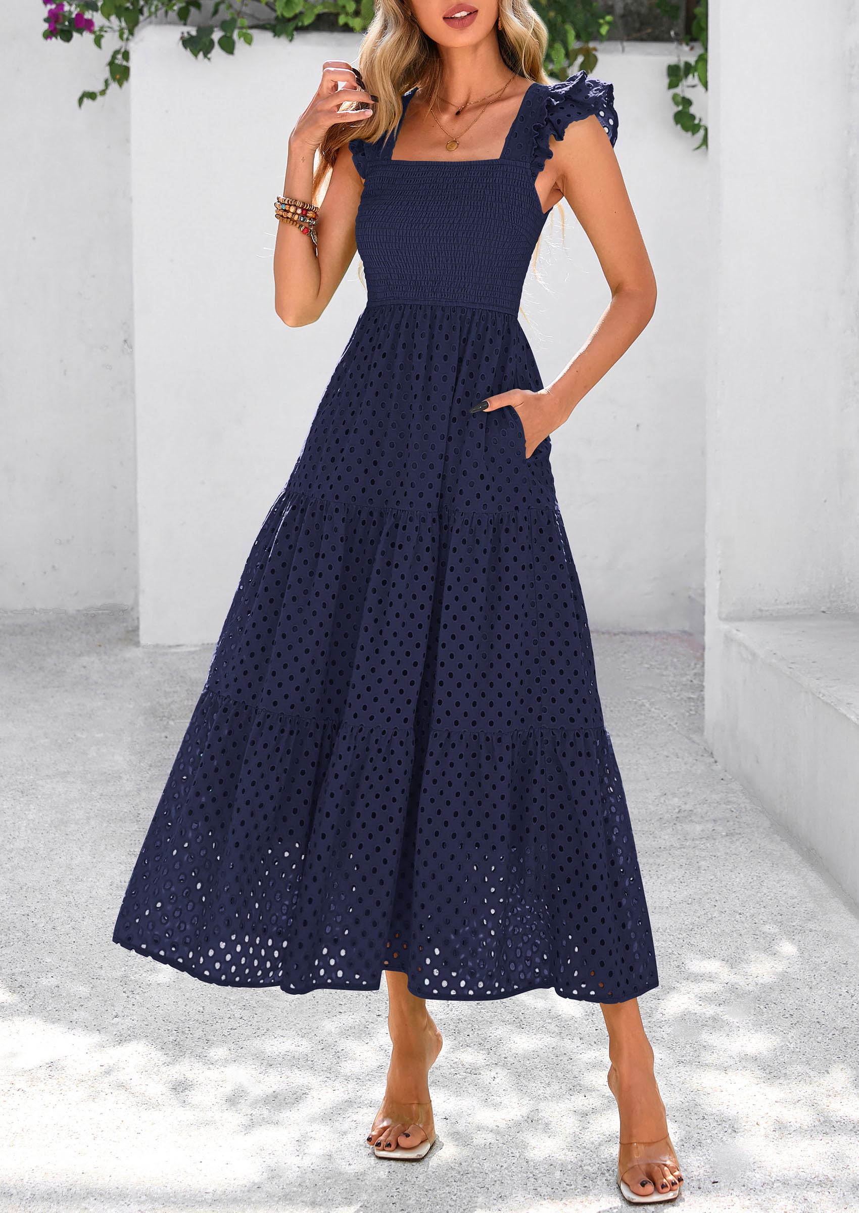 Foto 4 | Vestido Largo Prettygarden Para Mujer Con Cuello Cuadrado Y Ojales, Azul Marino - Venta Internacional.