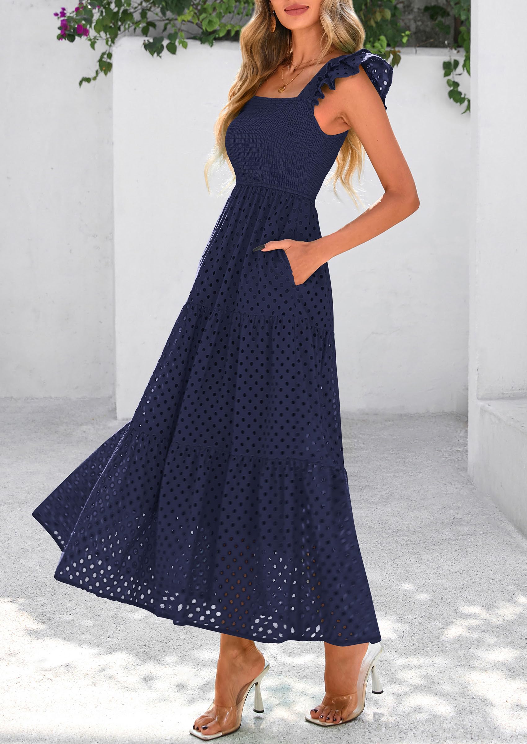 Foto 8 pulgar | Vestido Largo Prettygarden Para Mujer Con Cuello Cuadrado Y Ojales, Azul Marino - Venta Internacional.
