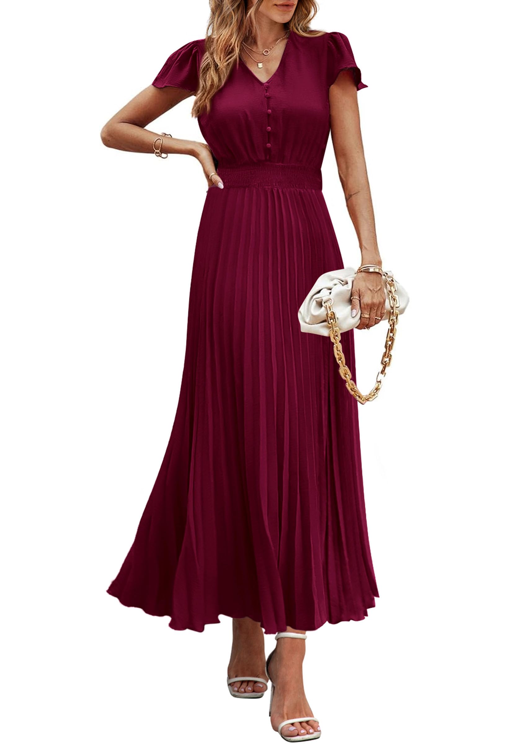 Foto 1 | Vestido Largo Prettygarden Para Mujer, Cuello En V, Manga Corta Con Volantes, Verano - Venta Internacional.