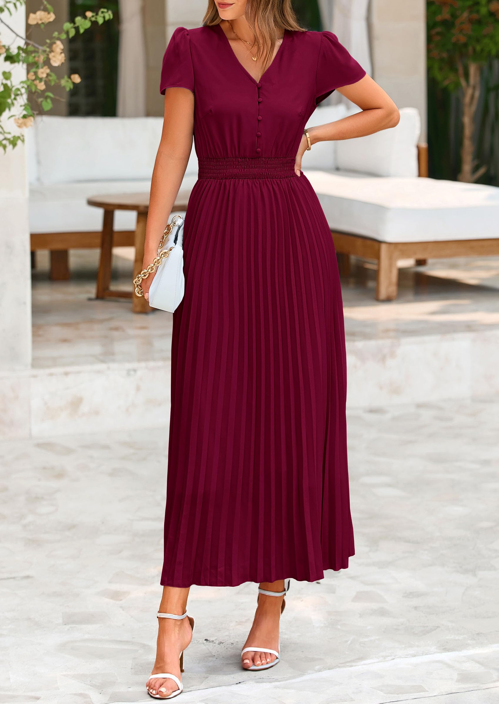 Foto 4 pulgar | Vestido Largo Prettygarden Para Mujer, Cuello En V, Manga Corta Con Volantes, Verano - Venta Internacional.