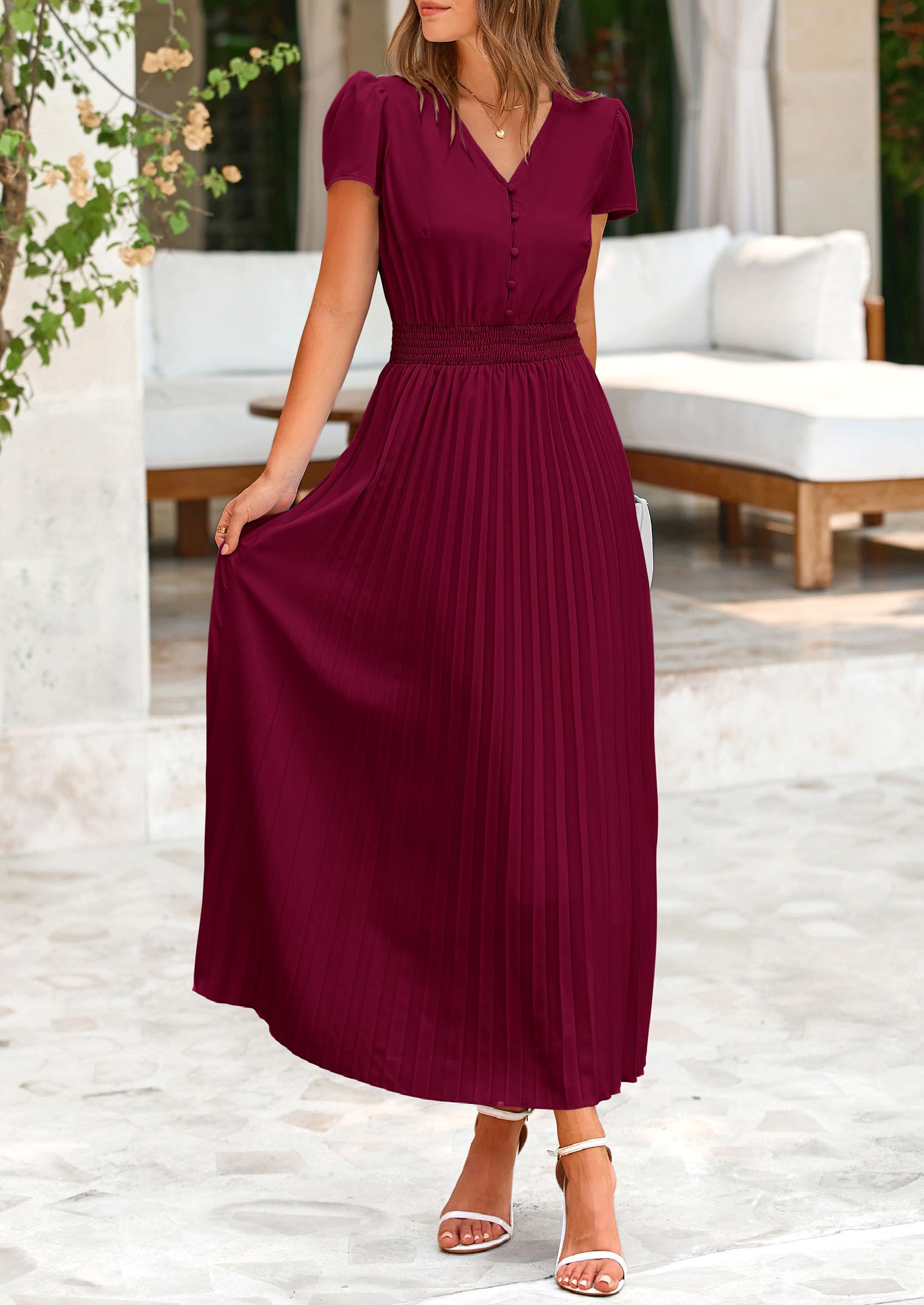 Foto 5 pulgar | Vestido Largo Prettygarden Para Mujer, Cuello En V, Manga Corta Con Volantes, Verano - Venta Internacional.