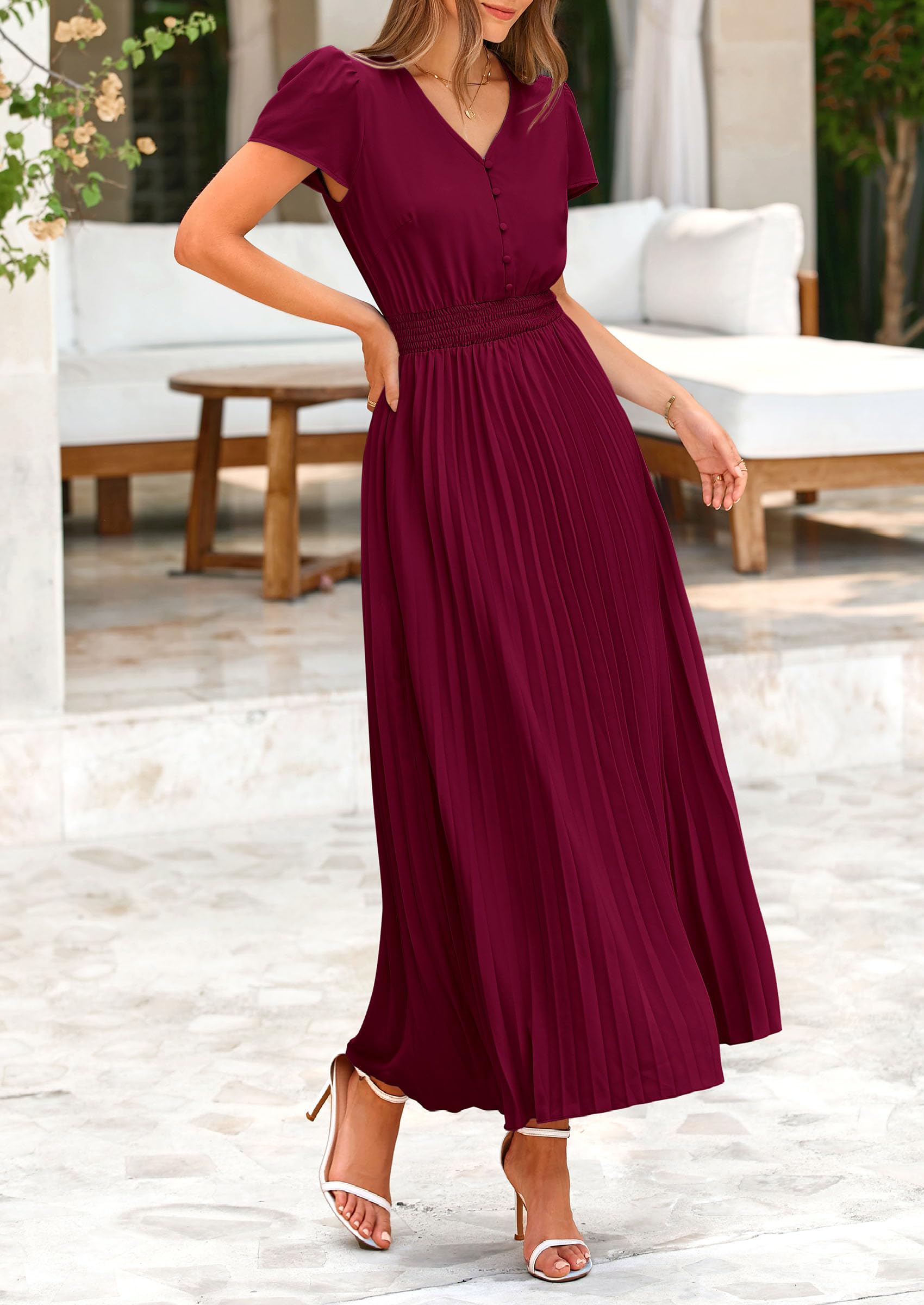 Foto 6 pulgar | Vestido Largo Prettygarden Para Mujer, Cuello En V, Manga Corta Con Volantes, Verano - Venta Internacional.