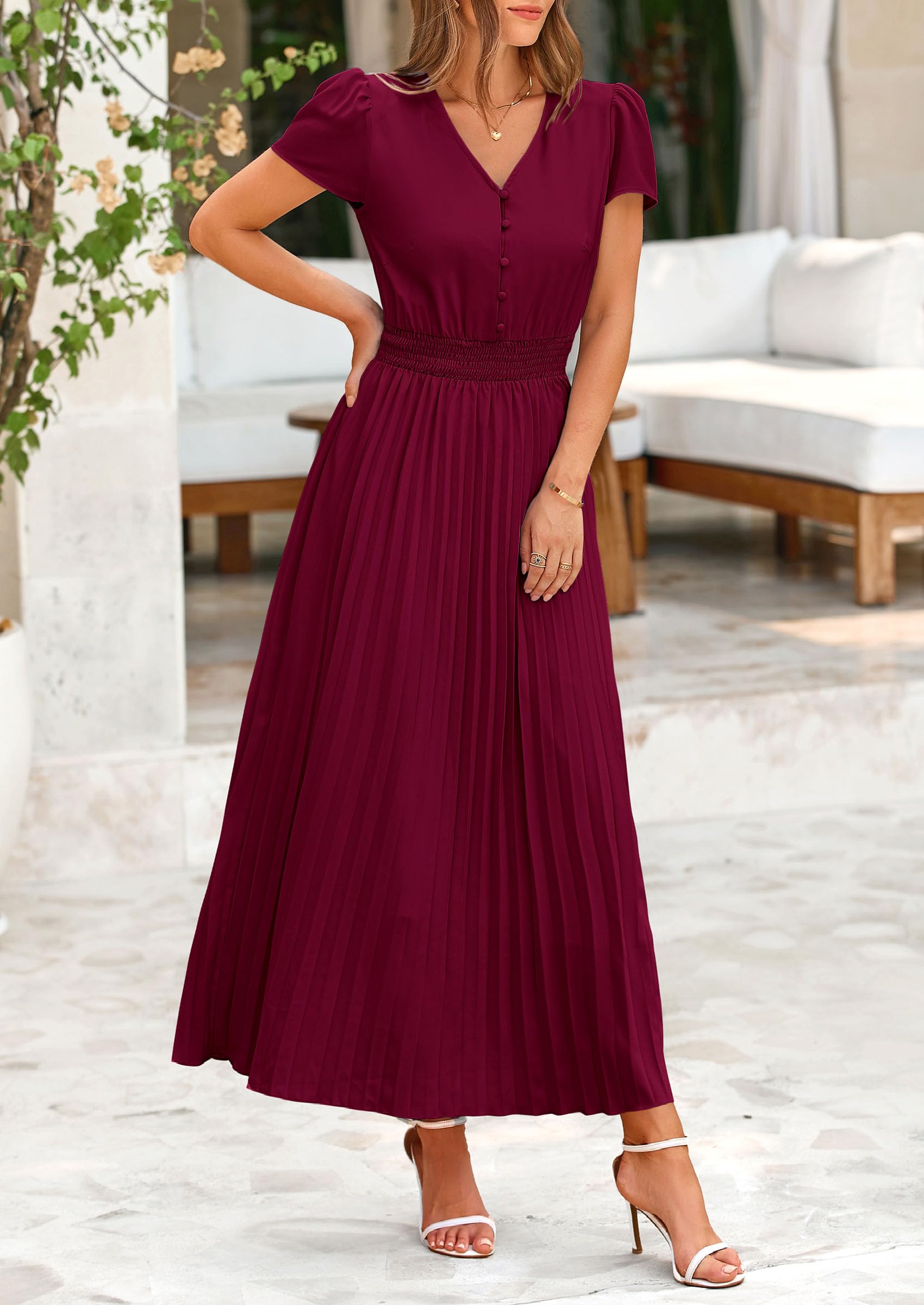 Foto 6 | Vestido Largo Prettygarden Para Mujer, Cuello En V, Manga Corta Con Volantes, Verano - Venta Internacional.