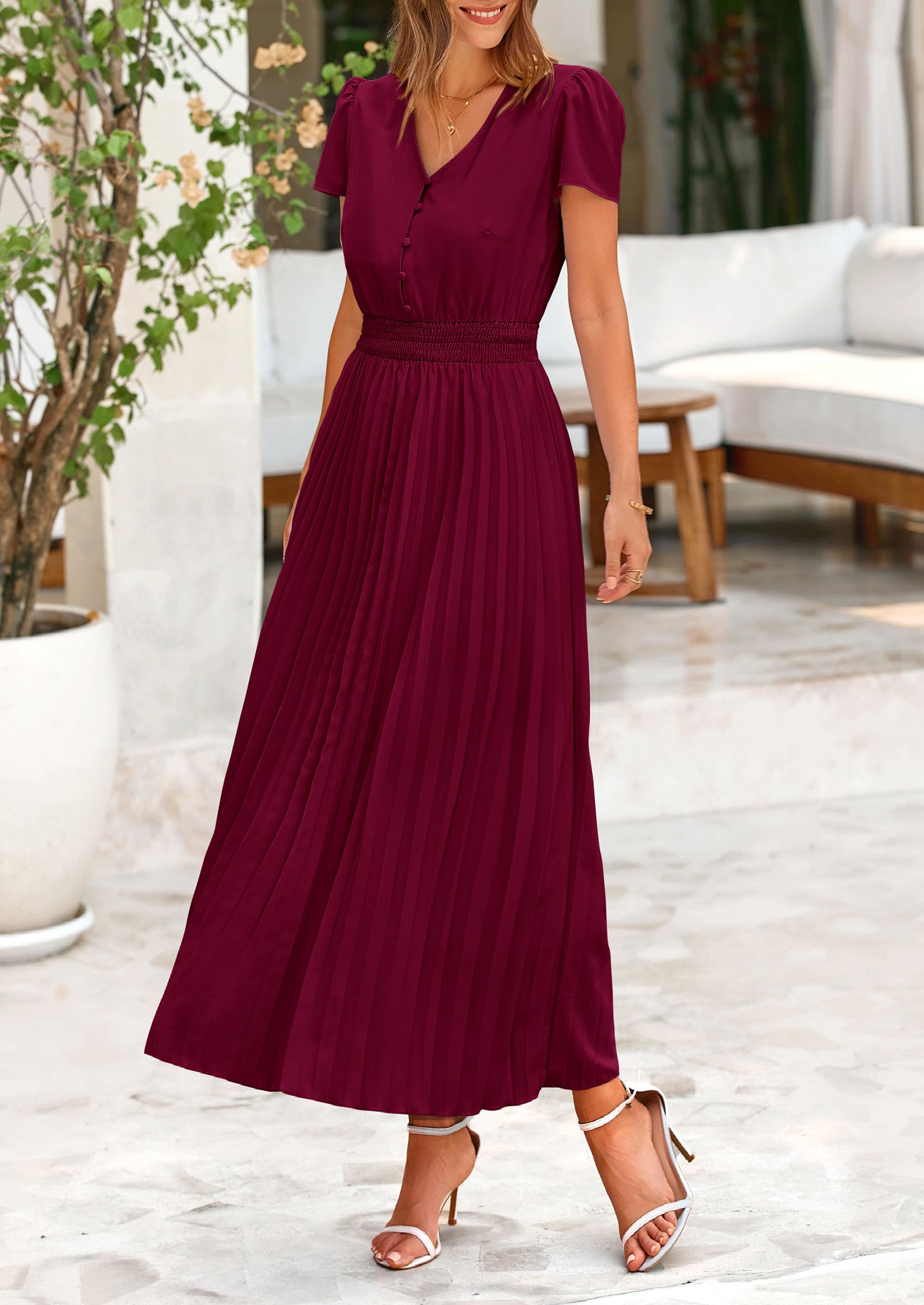 Foto 7 | Vestido Largo Prettygarden Para Mujer, Cuello En V, Manga Corta Con Volantes, Verano - Venta Internacional.
