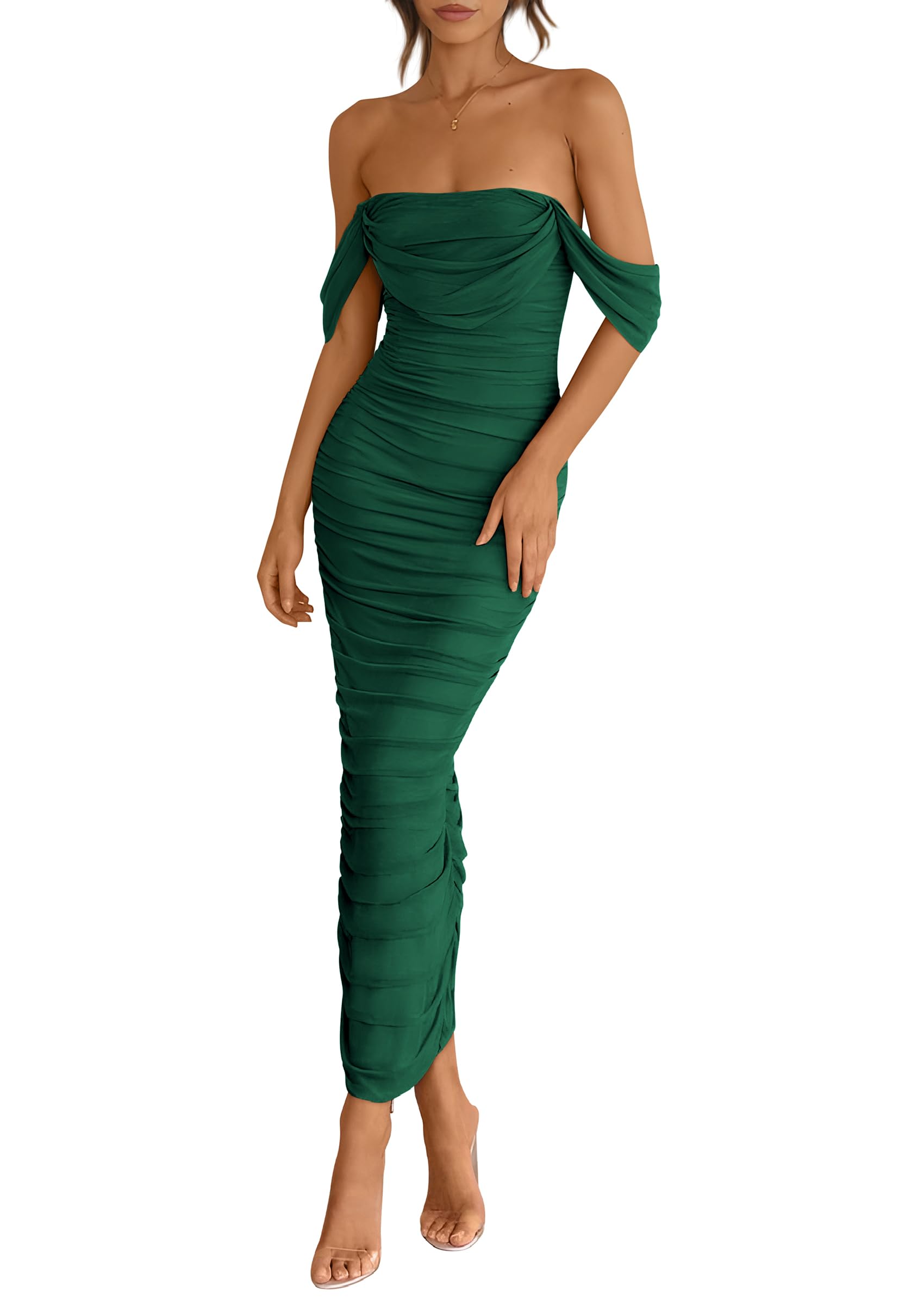 Foto 2 pulgar | Vestido Prettygarden Para Mujer, Verano 2025, Hombros Descubiertos, Verde Oscuro - Venta Internacional.