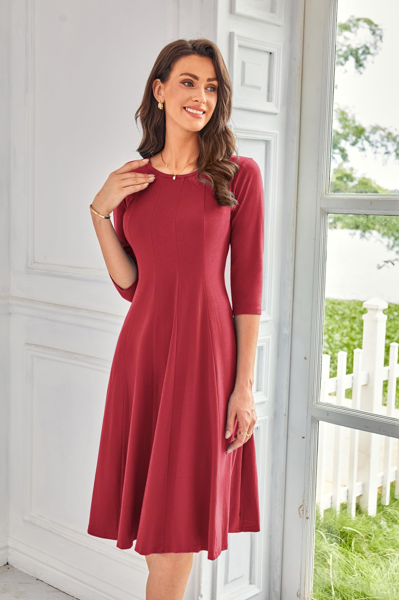 Foto 2 | Vestido Grace Karin Casual Línea A Manga 3/4 Para Mujer Rojo Oscuro S - Venta Internacional.