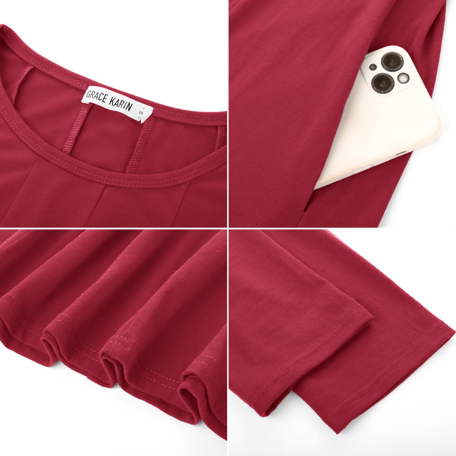 Foto 6 pulgar | Vestido Grace Karin Casual Línea A Manga 3/4 Para Mujer Rojo Oscuro S - Venta Internacional.