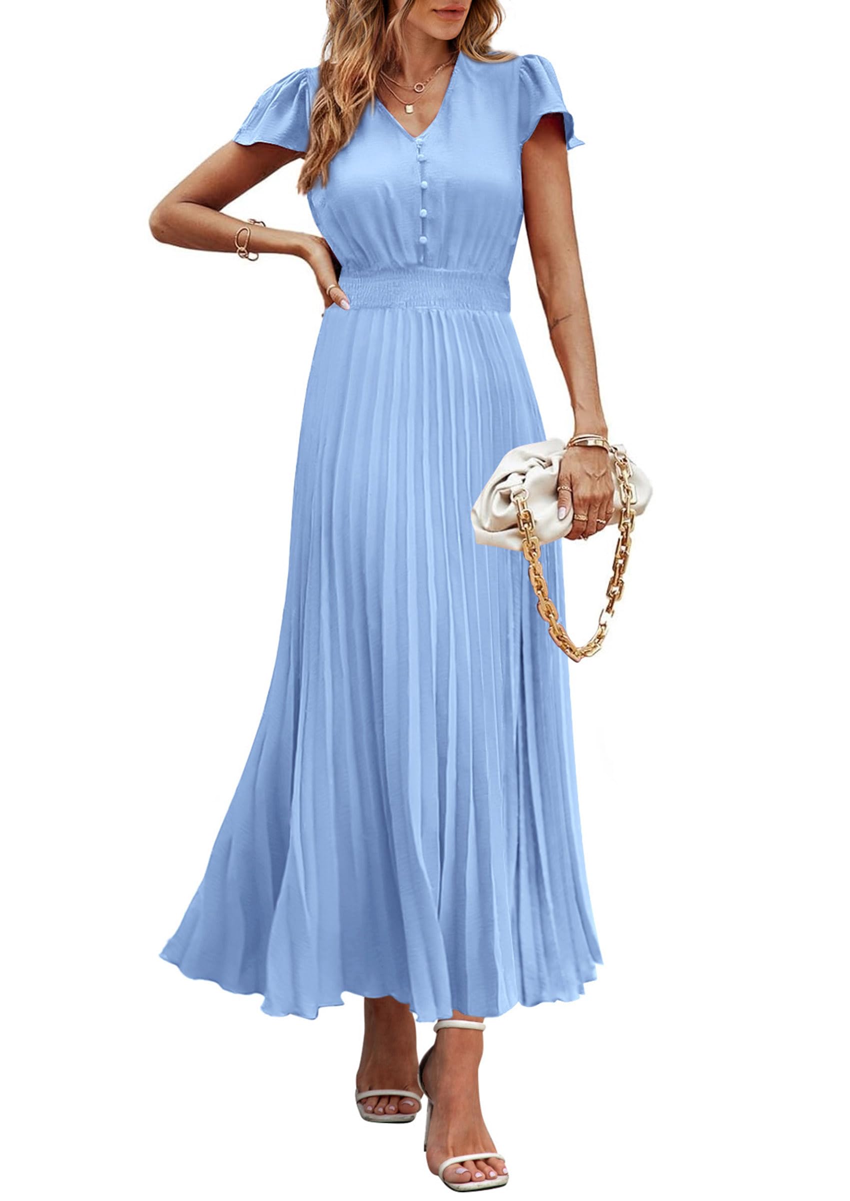 Foto 1 | Vestido Largo Prettygarden Verano 2025 Con Cuello En V Y Manga Corta Con Volantes - Venta Internacional.