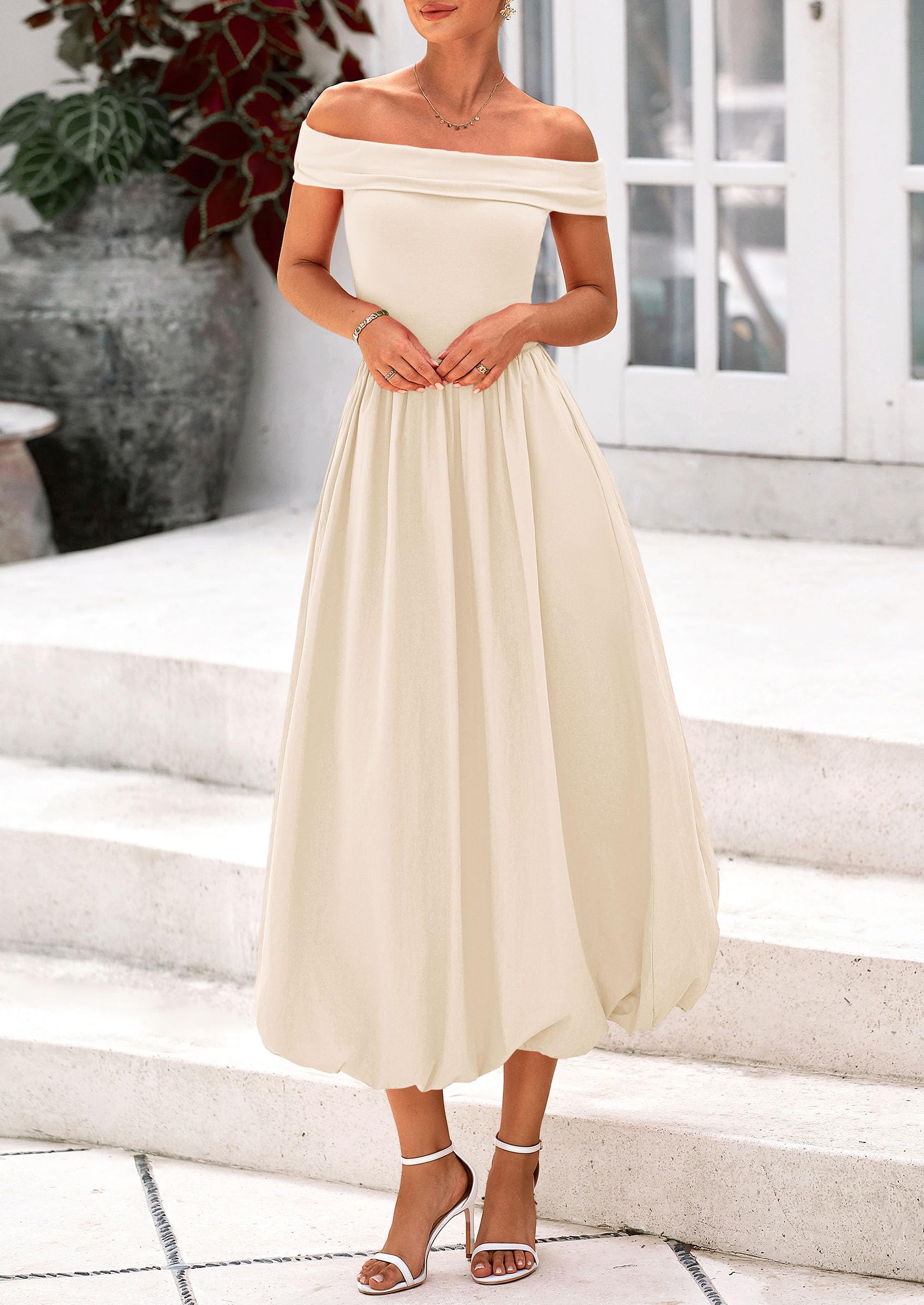 Foto 4 pulgar | Vestido Prettygarden Para Mujer, De Verano, Con Hombros Descubiertos, Línea A, Beige - Venta Internacional.