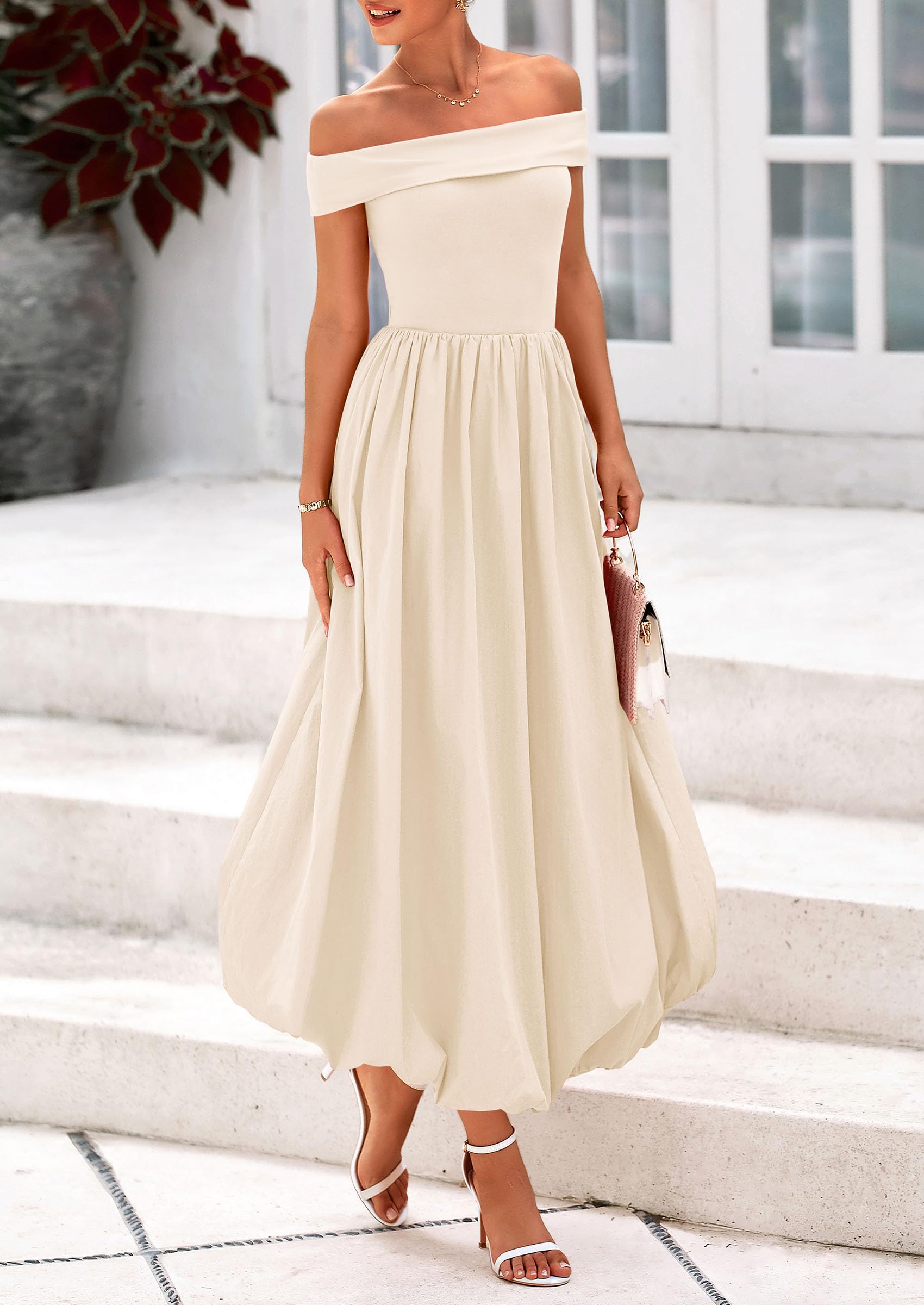 Foto 4 | Vestido Prettygarden Para Mujer, De Verano, Con Hombros Descubiertos, Línea A, Beige - Venta Internacional.