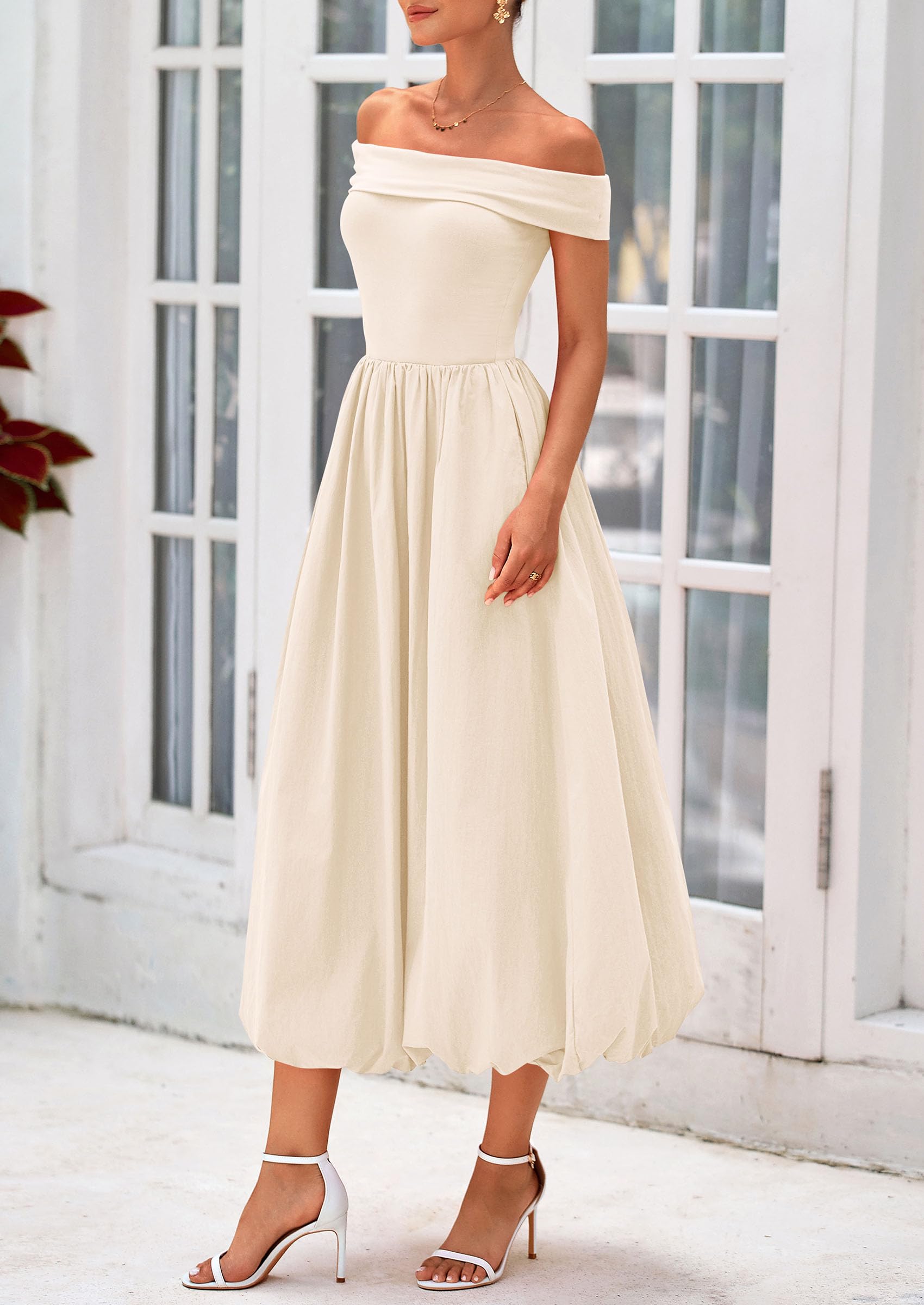 Foto 8 pulgar | Vestido Prettygarden Para Mujer, De Verano, Con Hombros Descubiertos, Línea A, Beige - Venta Internacional.
