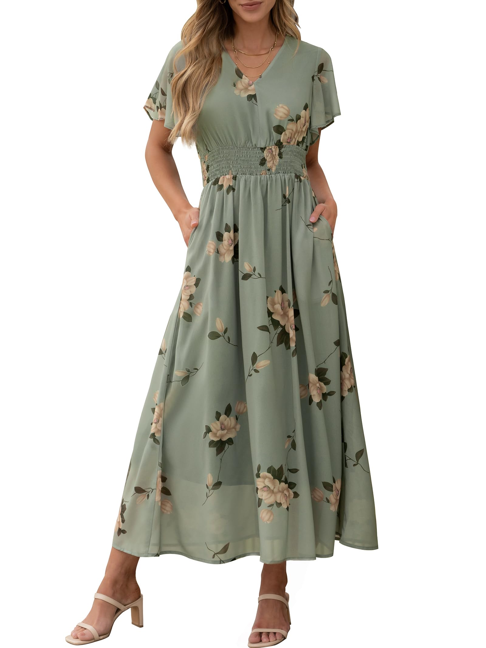 Vestido Largo Anrabess Con Estampado Floral, Cuello En V, Manga Corta, Gasa - Venta Internacional.