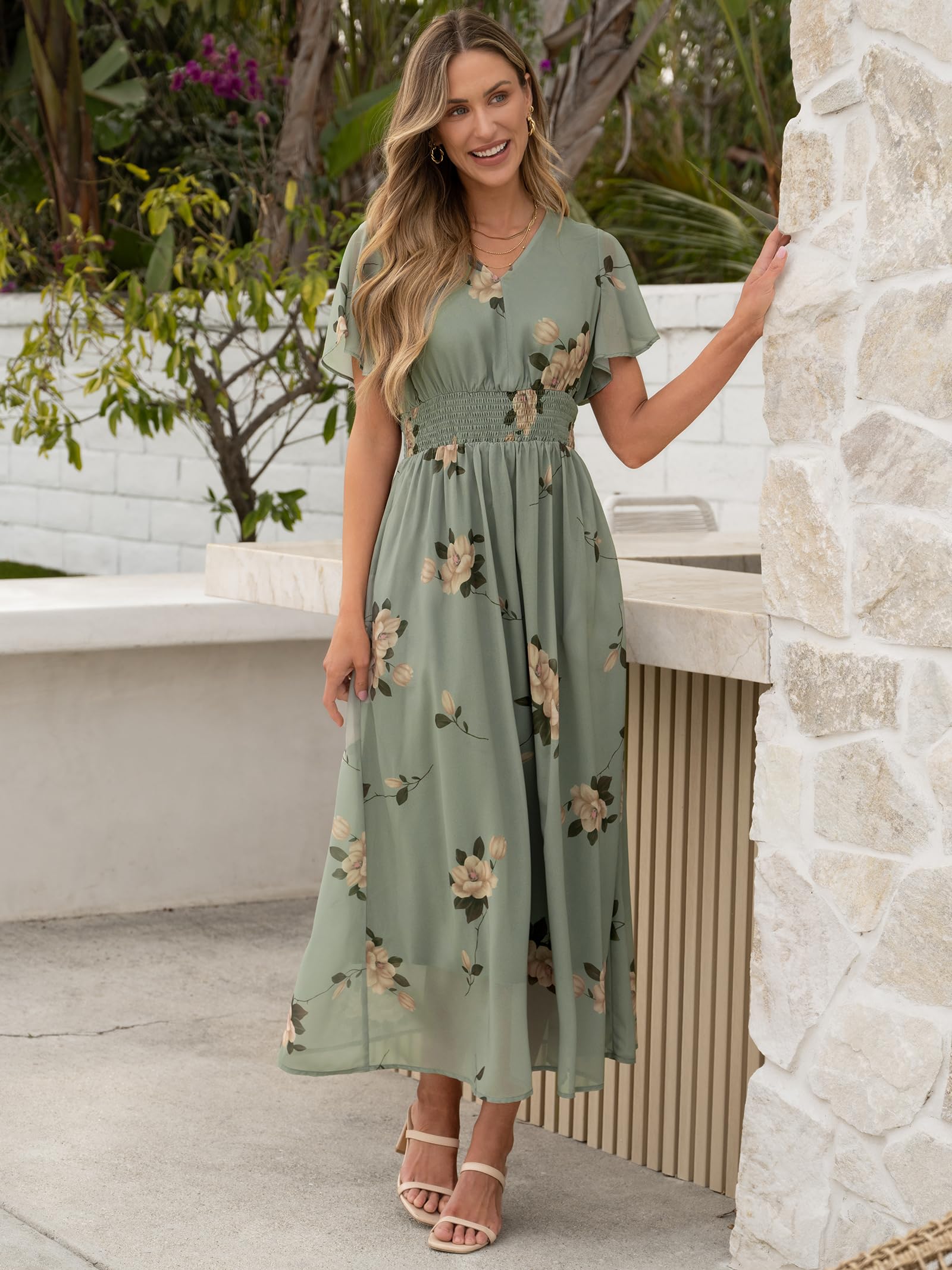 Foto 2 | Vestido Largo Anrabess Con Estampado Floral, Cuello En V, Manga Corta, Gasa - Venta Internacional.