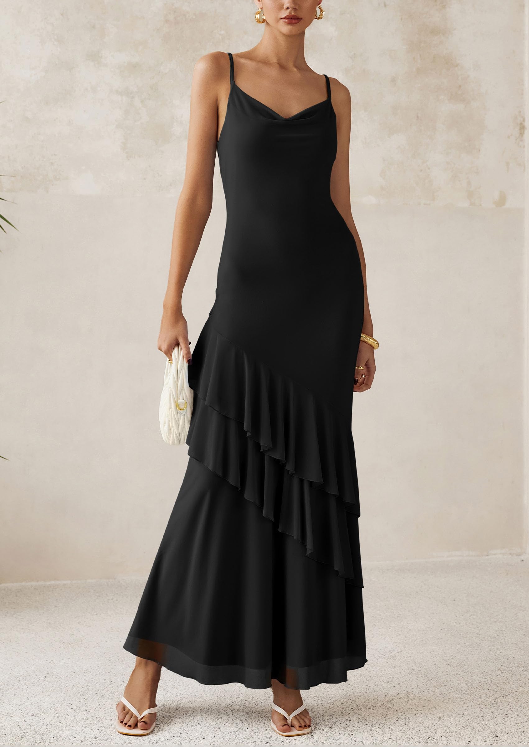 Foto 4 | Vestido Largo Prettygarden 2025, Verano, Estampado Floral Escalonado, Negro, Talla M - Venta Internacional.