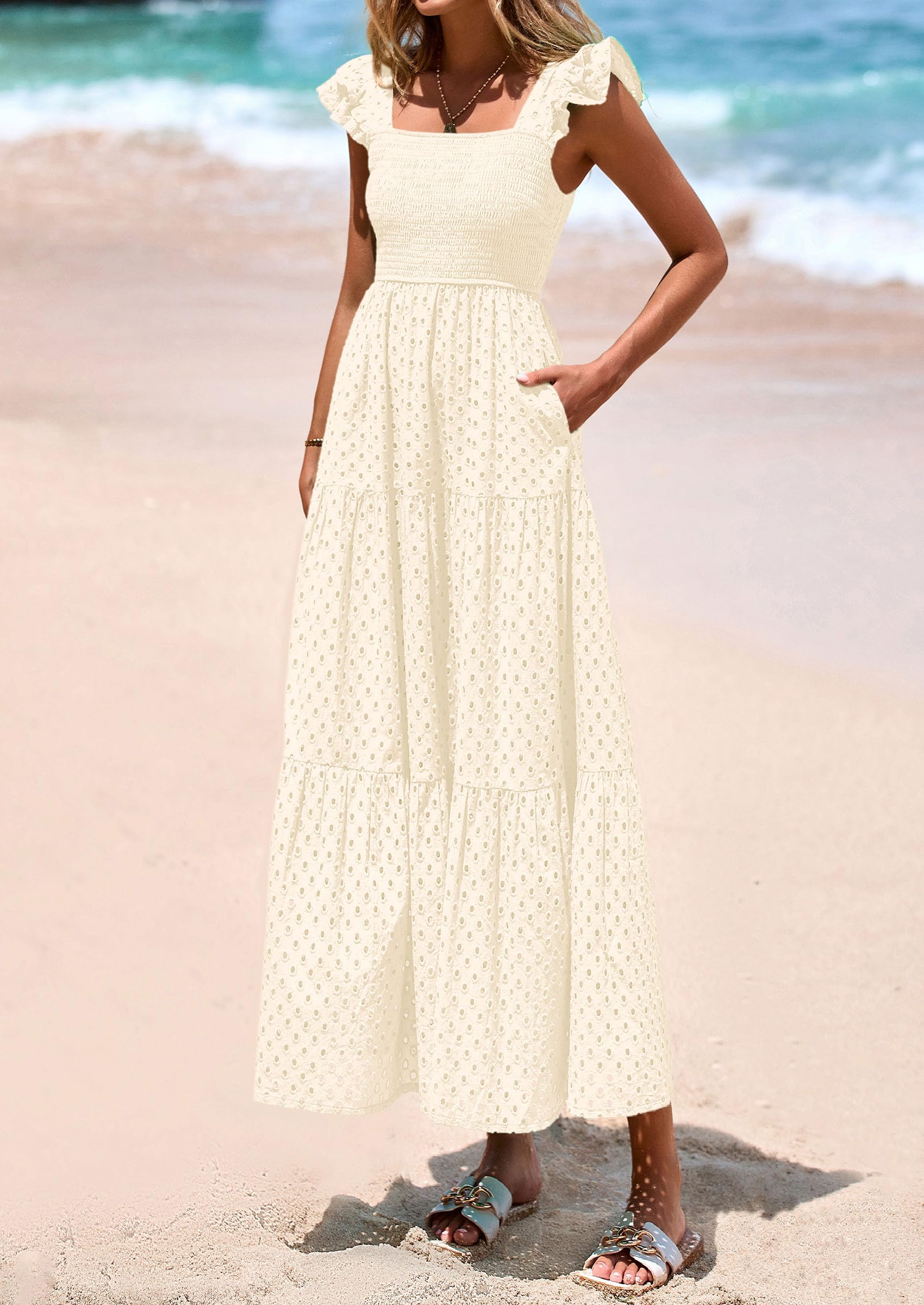 Foto 4 pulgar | Vestido Largo Prettygarden Para Mujer Con Cuello Cuadrado Y Ojales, Color Beige, Xxl - Venta Internacional.