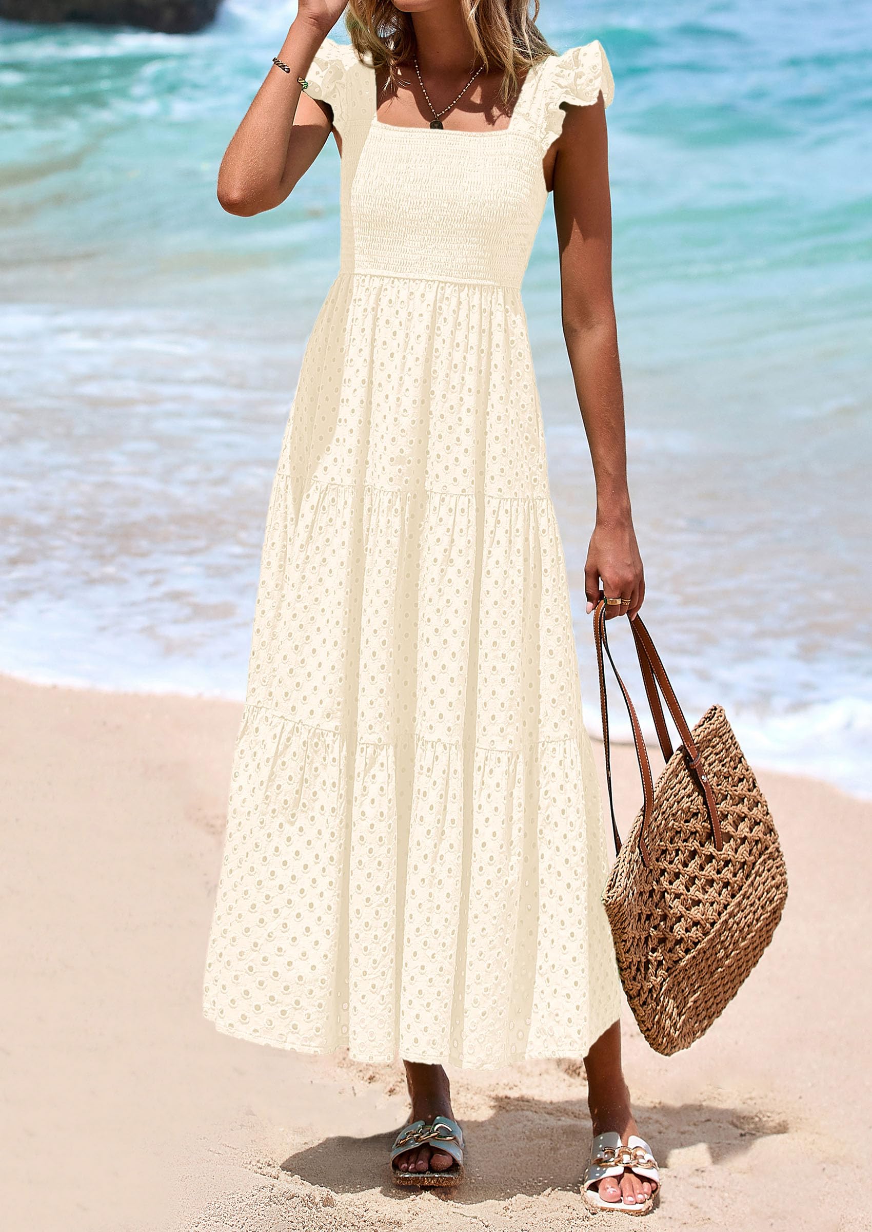 Foto 8 pulgar | Vestido Largo Prettygarden Para Mujer Con Cuello Cuadrado Y Ojales, Color Beige, Xxl - Venta Internacional.