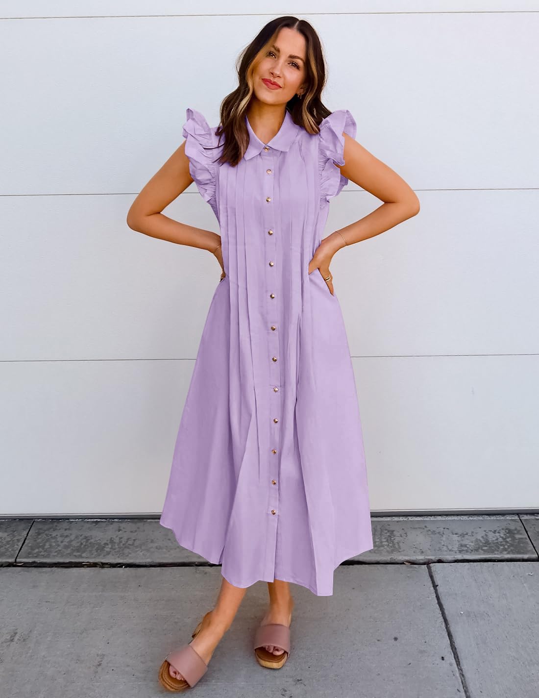 Foto 6 pulgar | Vestido Midi Zesica 2025, Estilo Bohemio, Cuello En V, Manga Ondulada, Morado - Venta Internacional.
