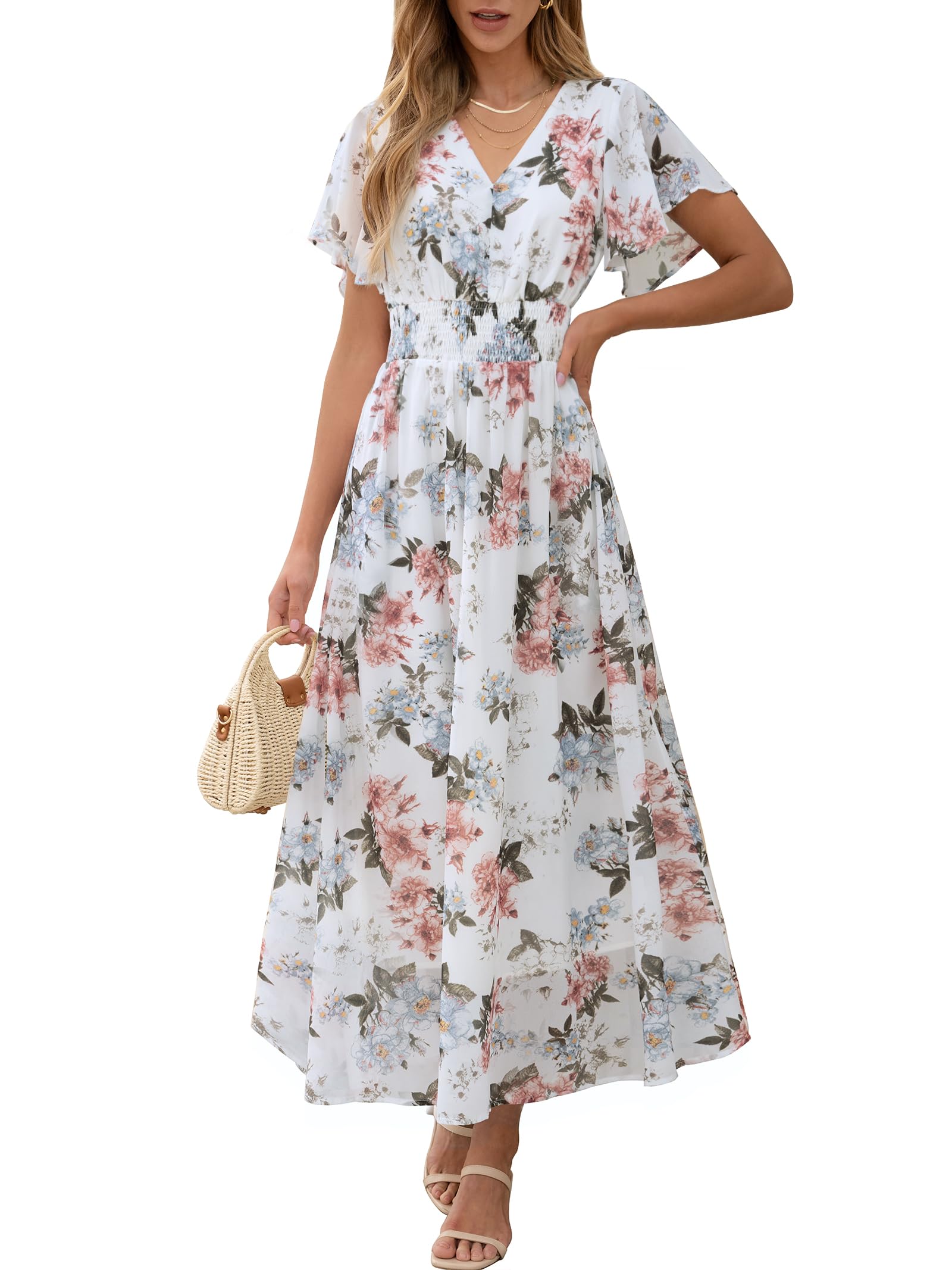 Vestido Largo Anrabess De Verano Con Cuello En V Y Estampado Floral De Chifón Para Mujer - Venta Internacional.