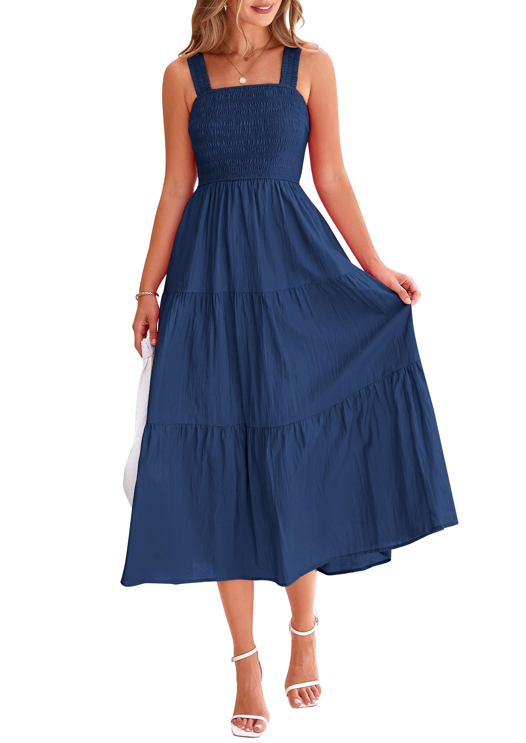 Vestido Prettygarden Para Mujer, Midi, Fruncido, De Verano, Azul Oscuro - Venta Internacional.