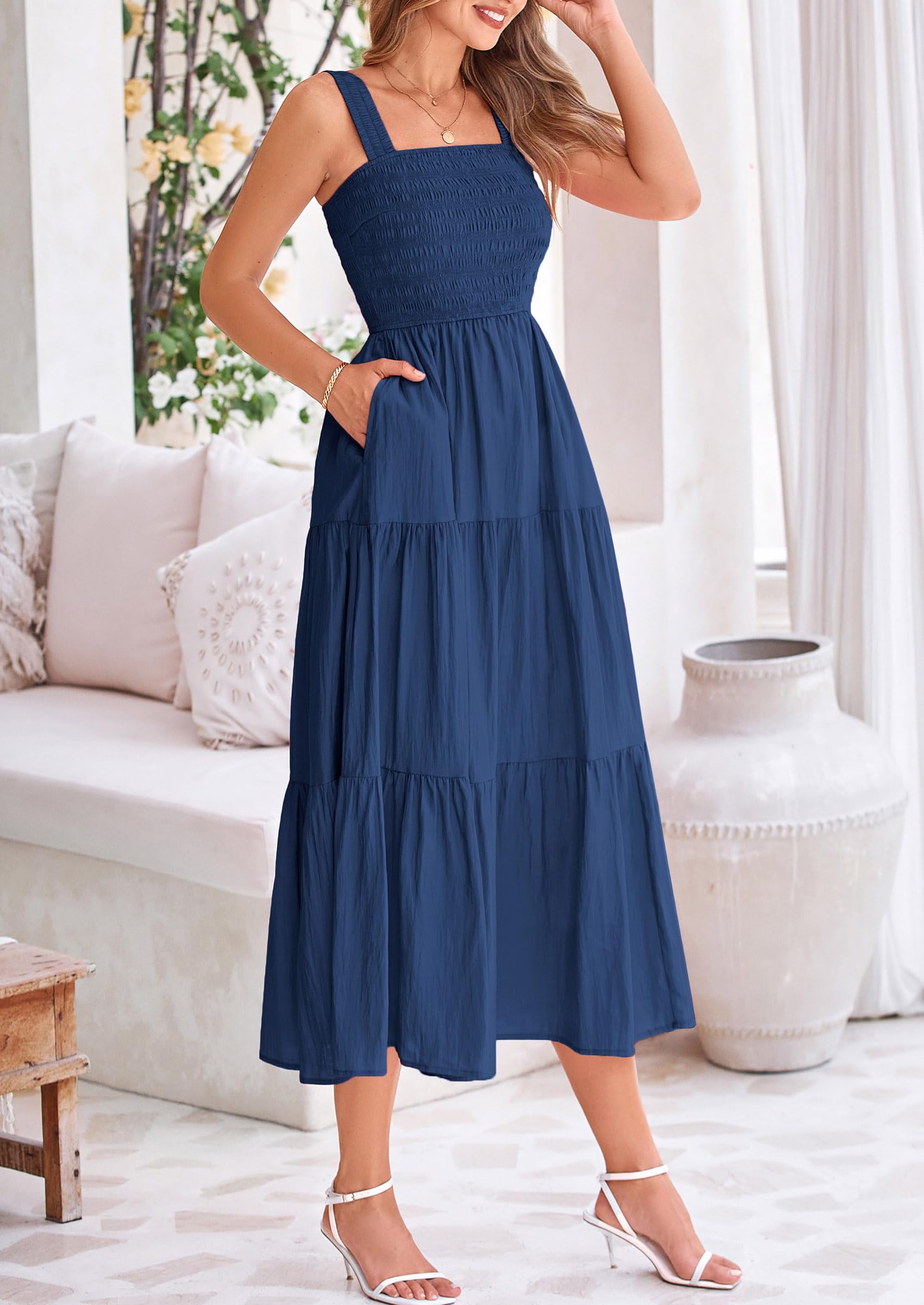 Foto 8 pulgar | Vestido Prettygarden Para Mujer, Midi, Fruncido, De Verano, Azul Oscuro - Venta Internacional.