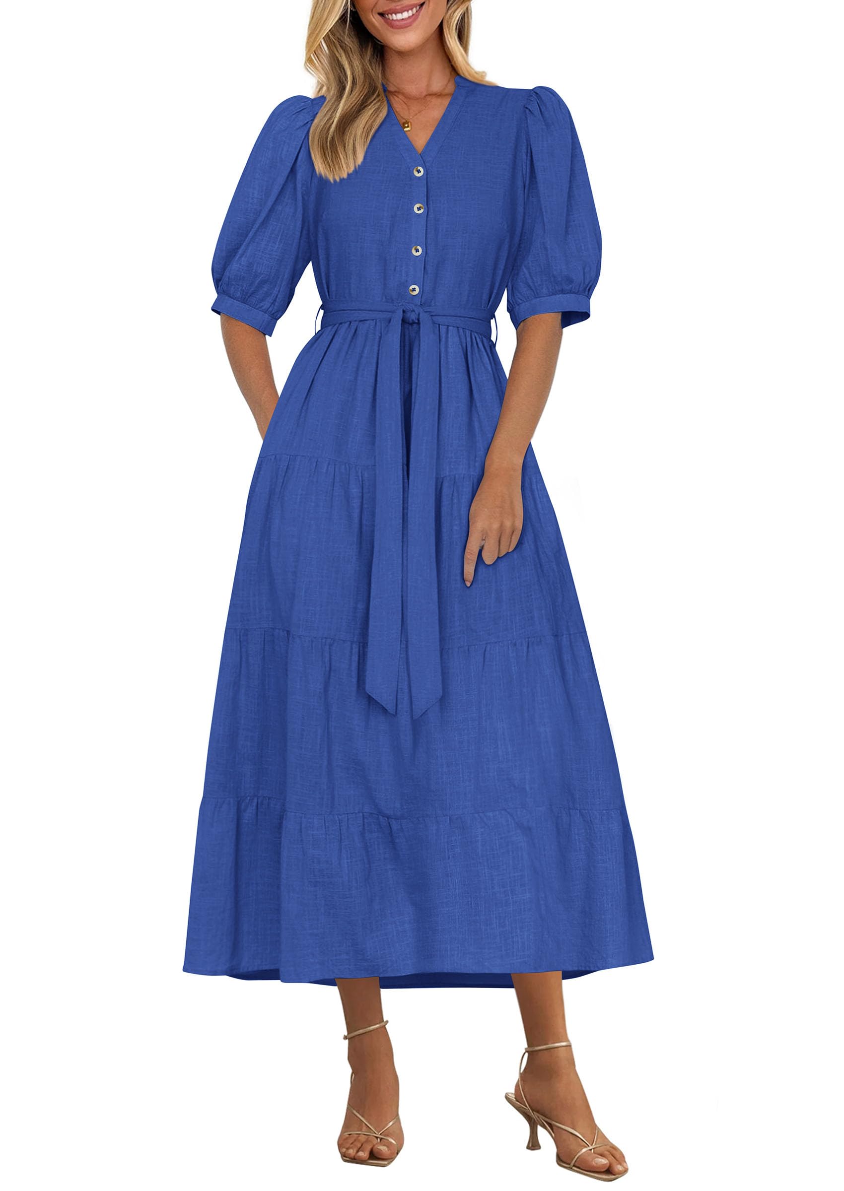 Vestido Midi Prettygarden 2025 Con Cuello En V Y Manga Corta Con Bolsillos - Venta Internacional.