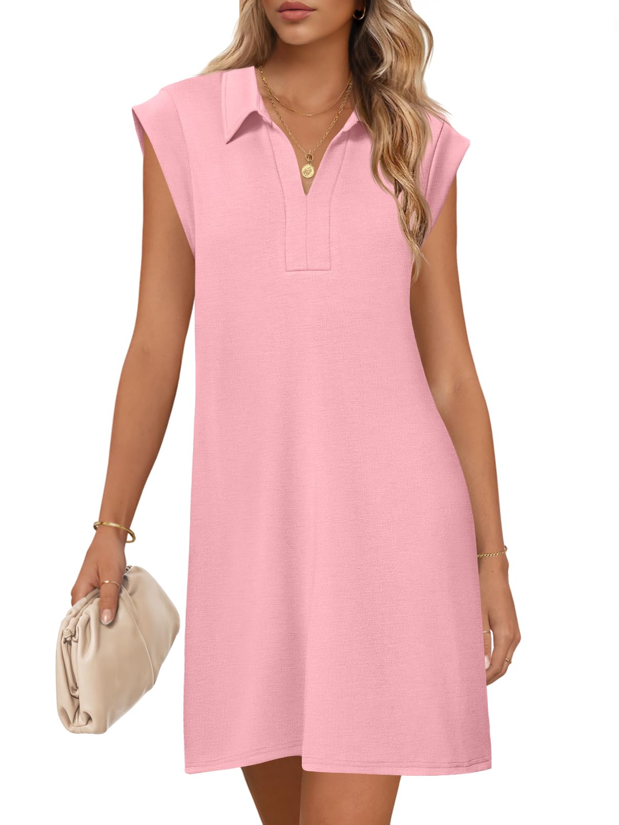 Vestido Merokeety 2025 Verano Manga Corta Cuello En V - Rosa - Venta Internacional.