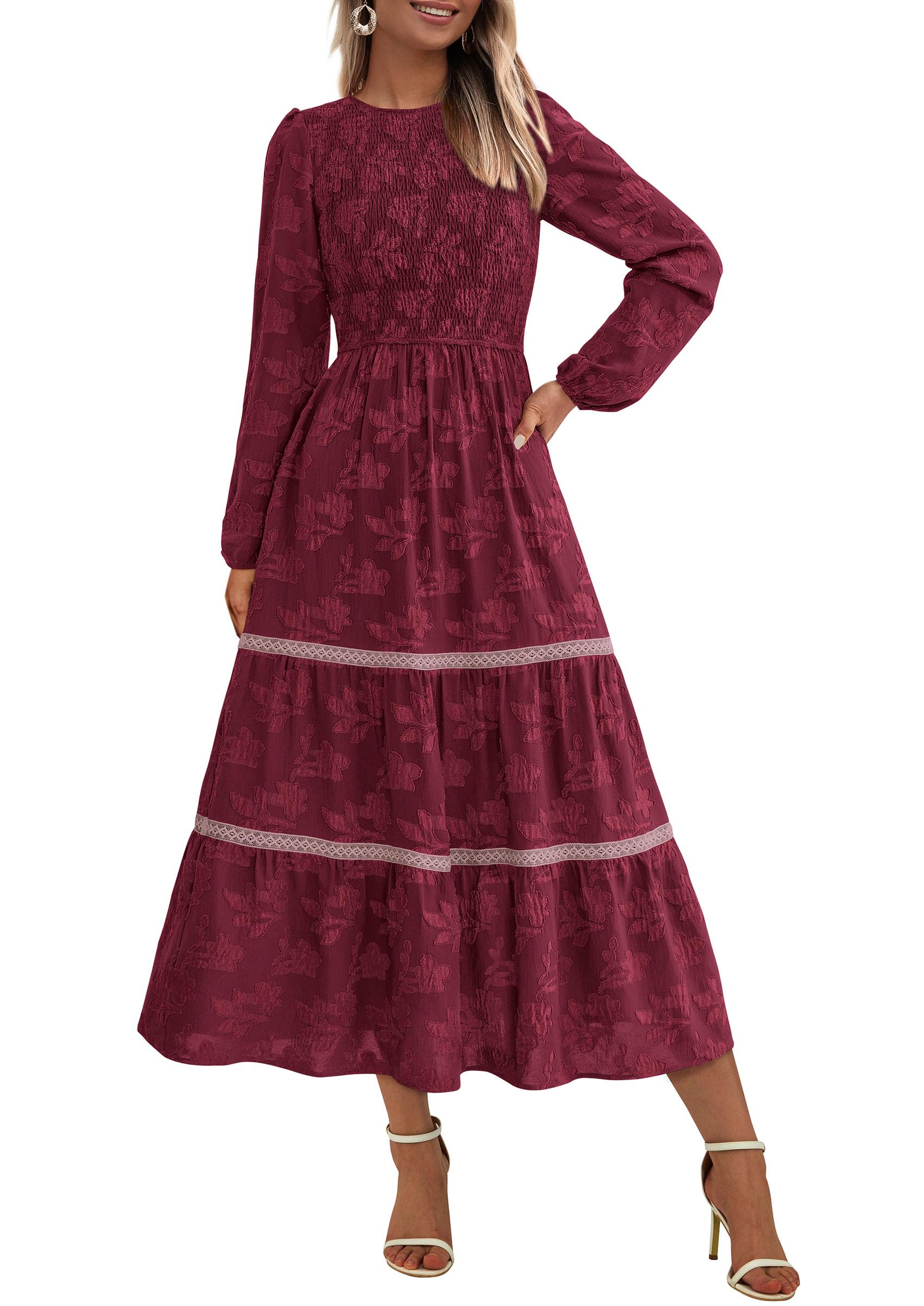 Foto 1 | Vestido Midi Prettygarden De Manga Larga Para Mujer, Color Rojo Vino - Venta Internacional.