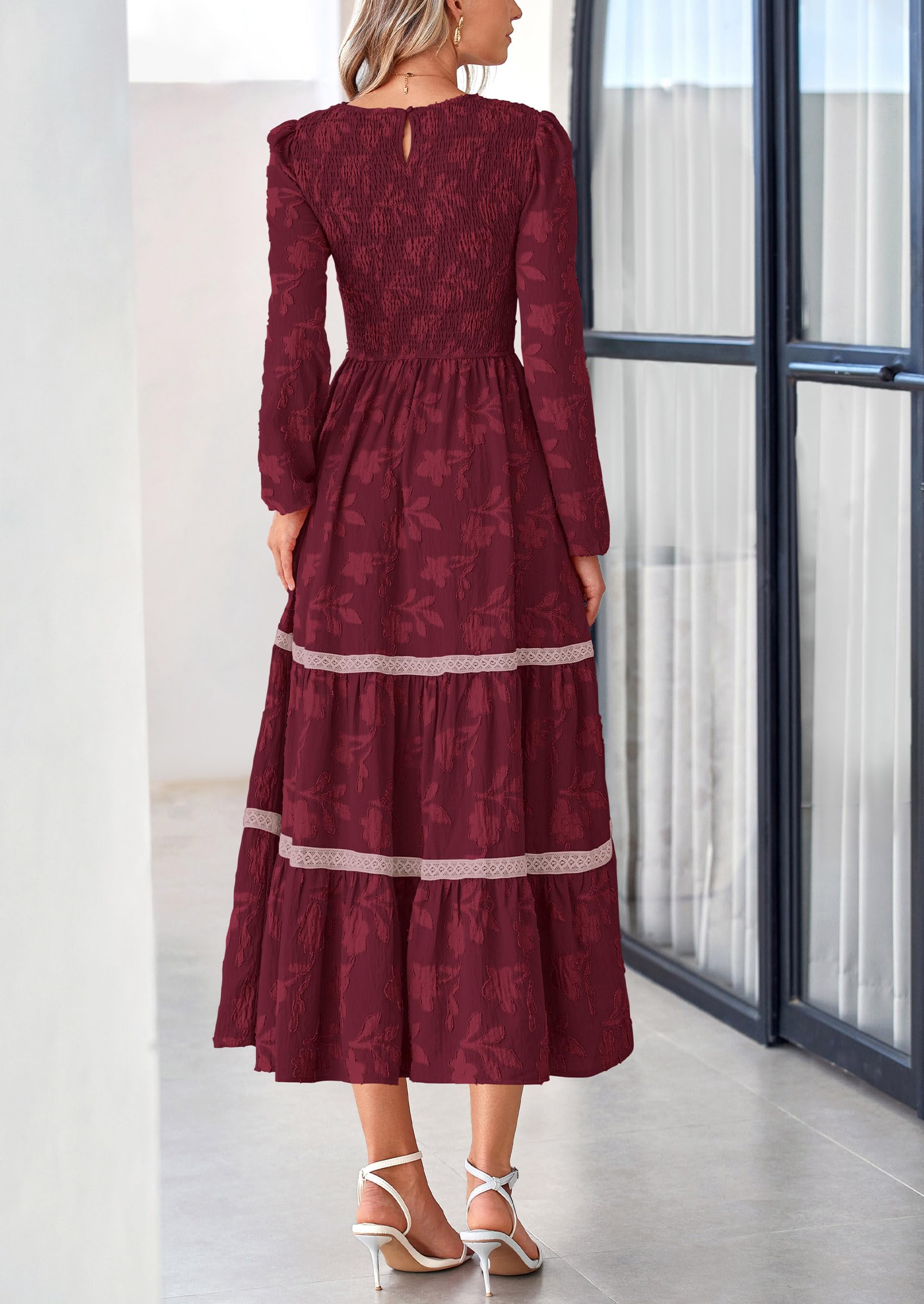 Foto 3 pulgar | Vestido Midi Prettygarden De Manga Larga Para Mujer, Color Rojo Vino - Venta Internacional.