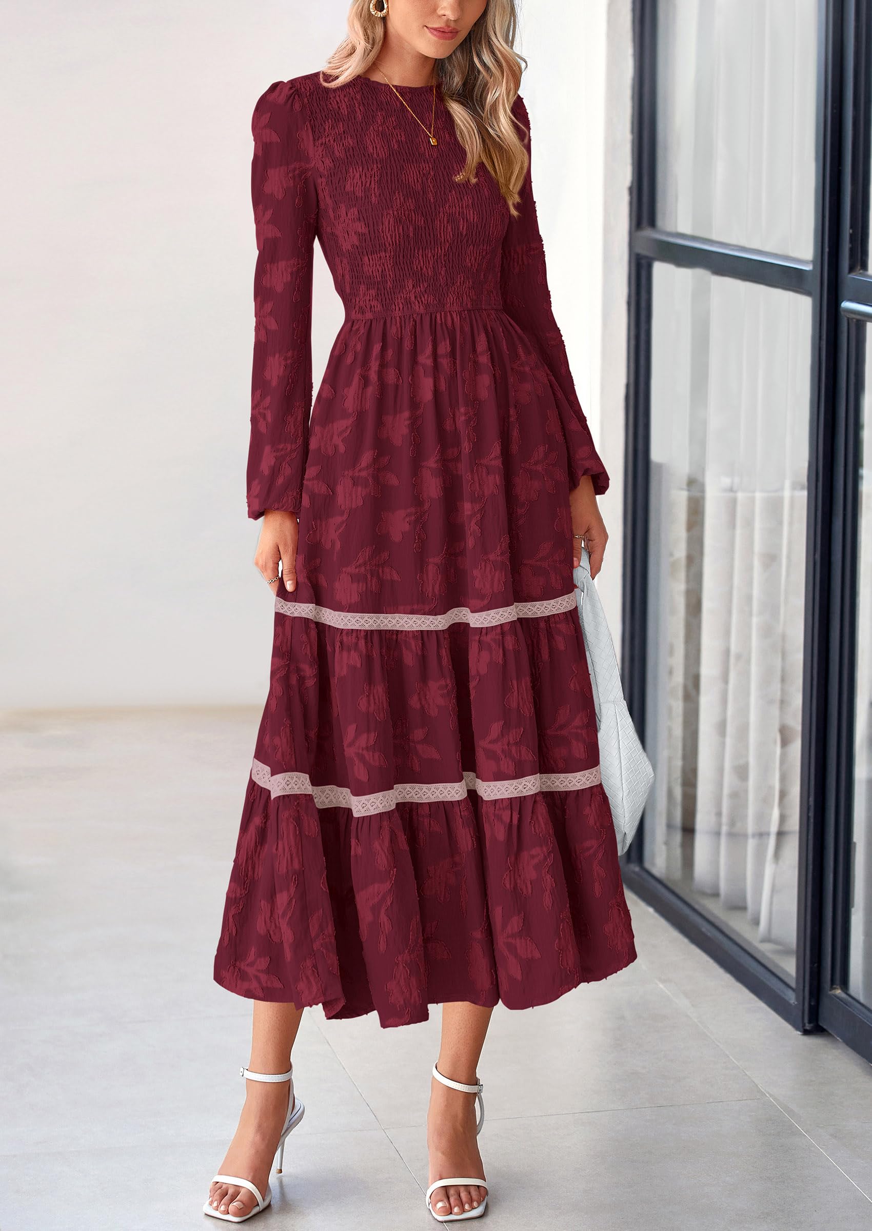 Foto 4 pulgar | Vestido Midi Prettygarden De Manga Larga Para Mujer, Color Rojo Vino - Venta Internacional.