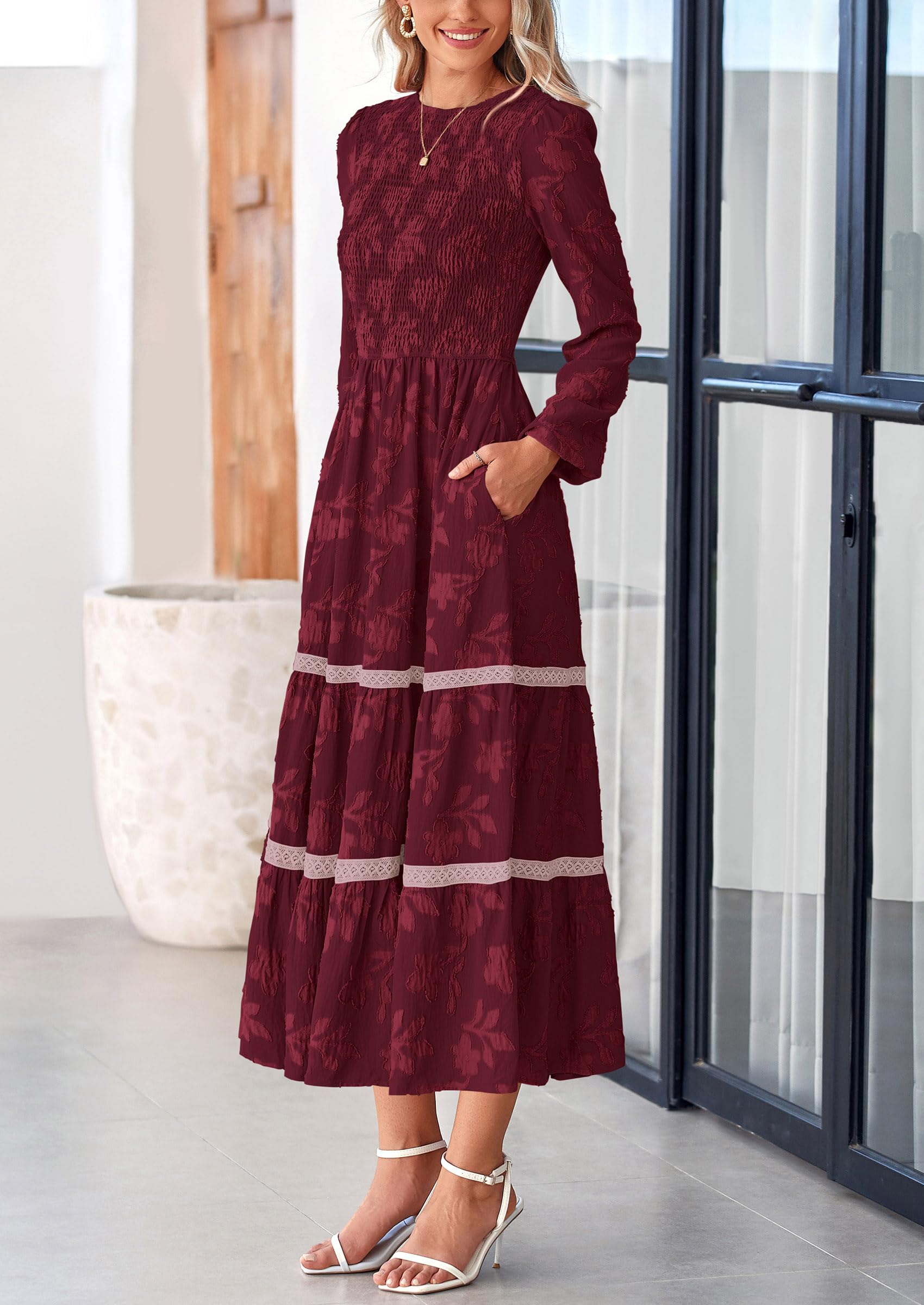 Foto 5 pulgar | Vestido Midi Prettygarden De Manga Larga Para Mujer, Color Rojo Vino - Venta Internacional.