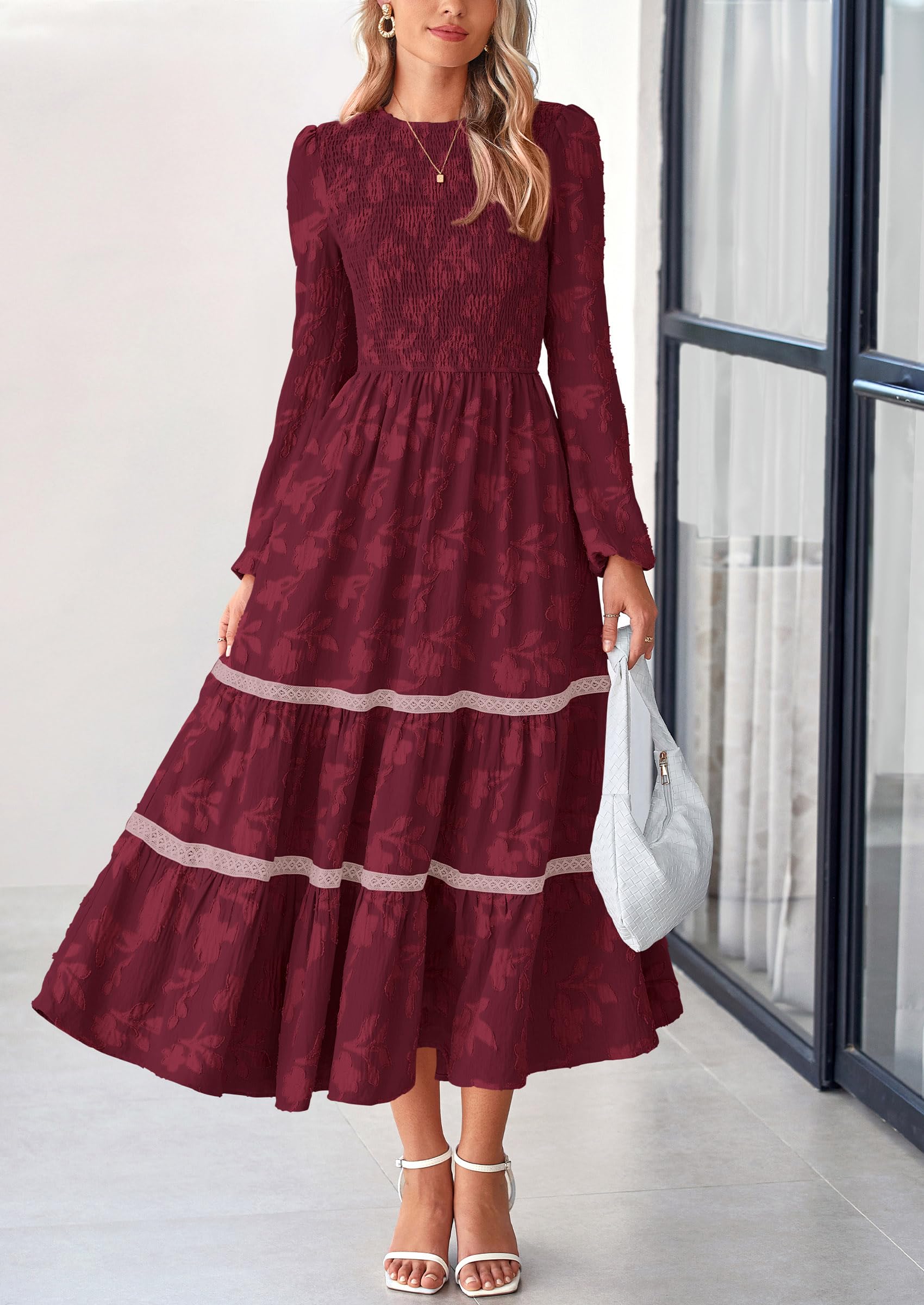 Foto 6 pulgar | Vestido Midi Prettygarden De Manga Larga Para Mujer, Color Rojo Vino - Venta Internacional.