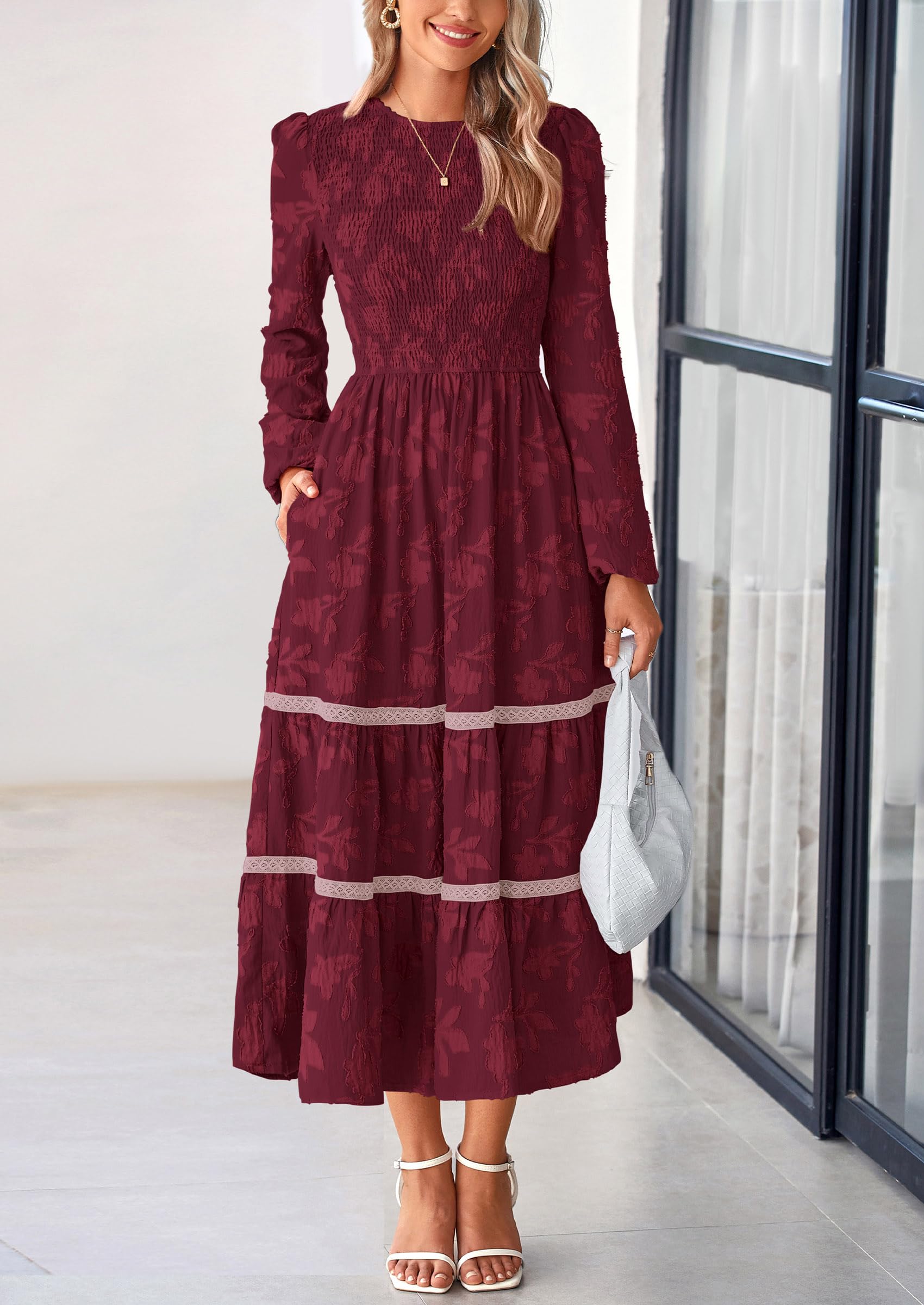 Foto 8 pulgar | Vestido Midi Prettygarden De Manga Larga Para Mujer, Color Rojo Vino - Venta Internacional.
