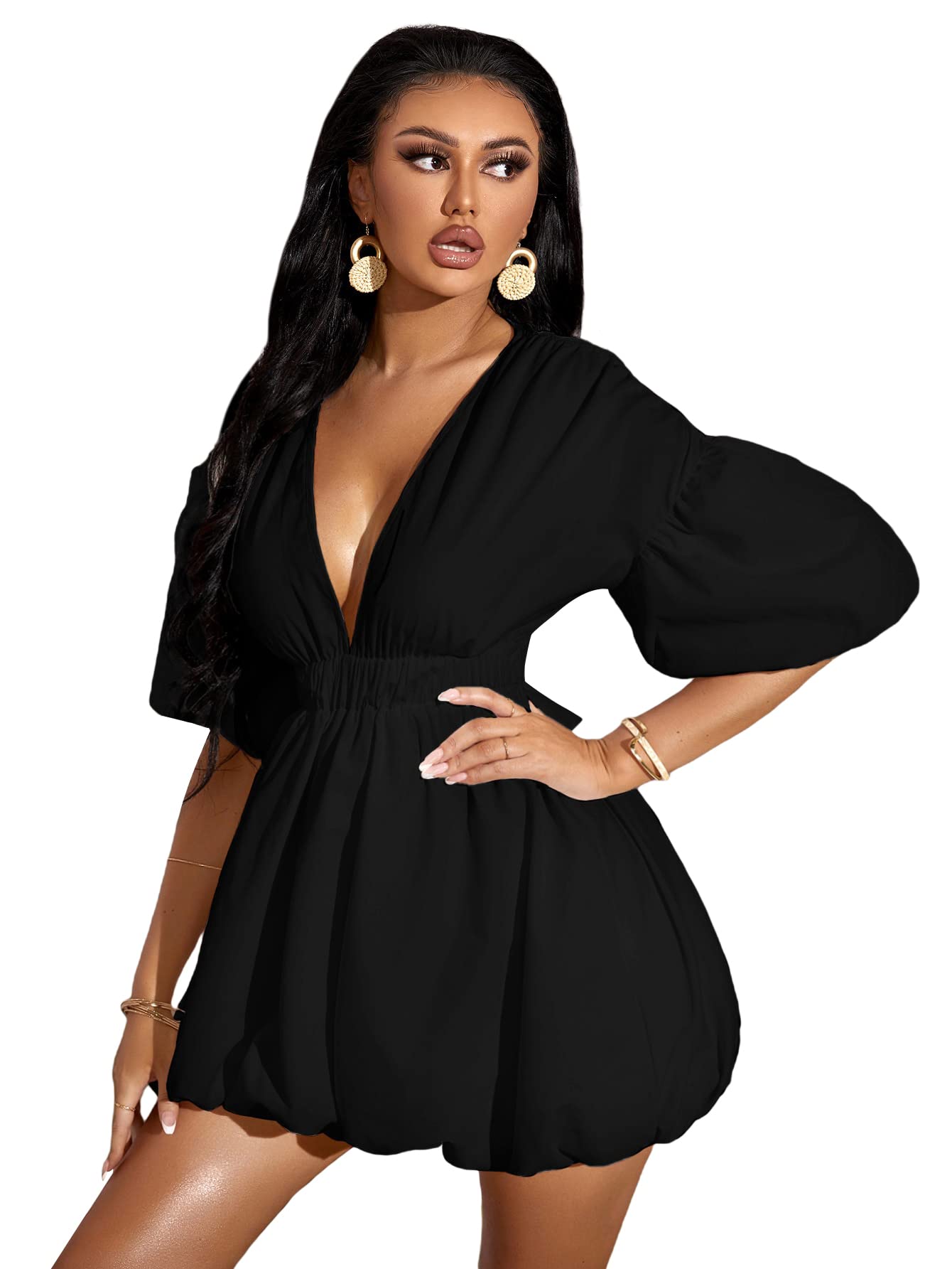 Vestido Wdirara Cuello V Manga Abullonada Negro para Mujer - Venta Internacional