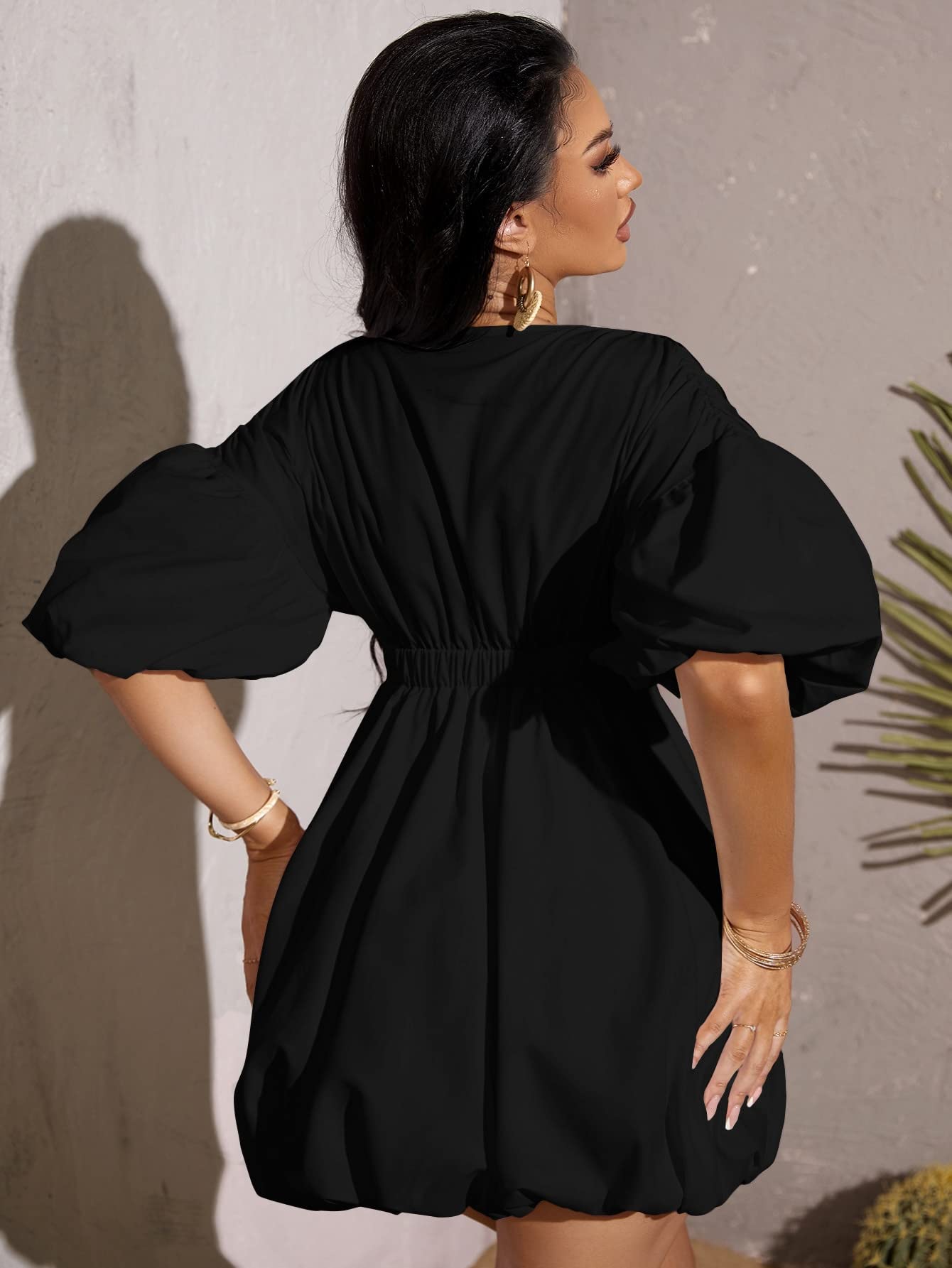 Foto 3 pulgar | Vestido Wdirara Cuello V Manga Abullonada Negro para Mujer - Venta Internacional
