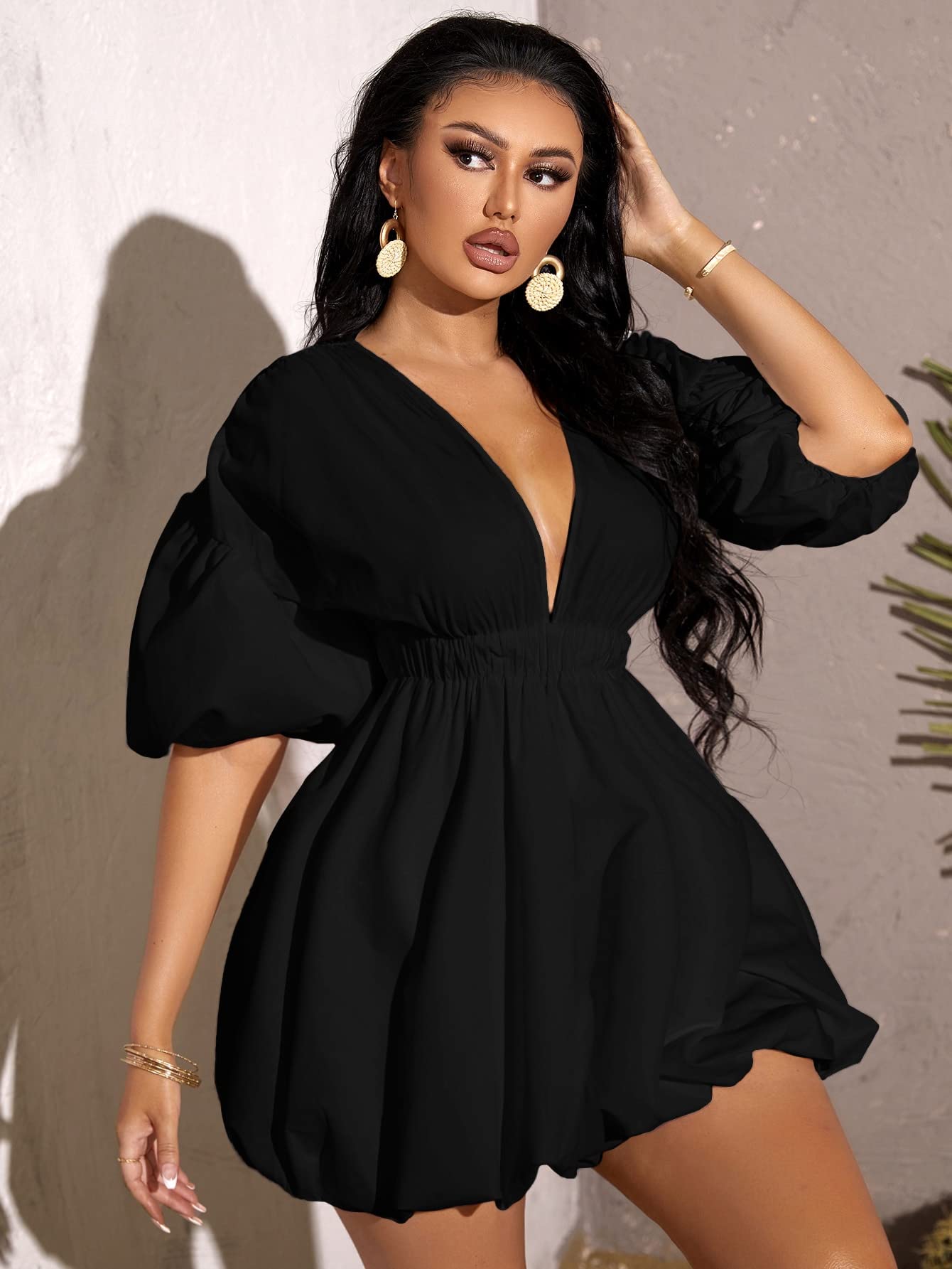 Foto 4 pulgar | Vestido Wdirara Cuello V Manga Abullonada Negro para Mujer - Venta Internacional