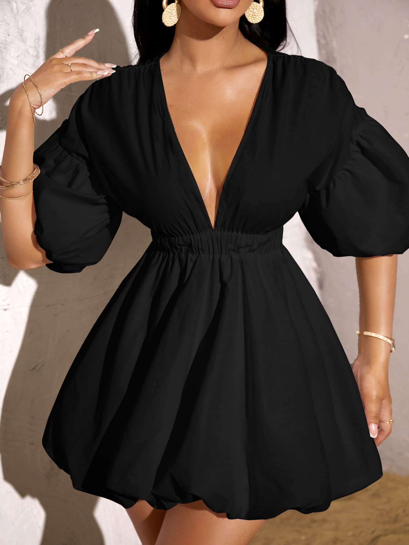 Foto 5 pulgar | Vestido Wdirara Cuello V Manga Abullonada Negro para Mujer - Venta Internacional