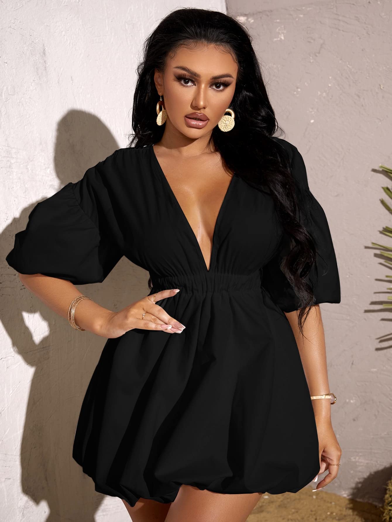 Foto 6 pulgar | Vestido Wdirara Cuello V Manga Abullonada Negro para Mujer - Venta Internacional