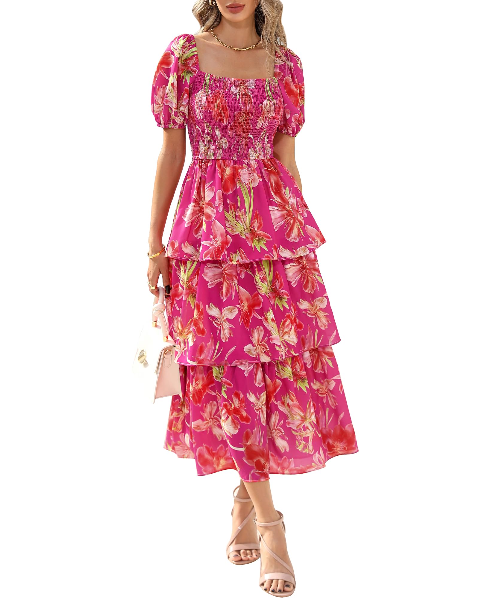 Foto 2 pulgar | Vestido Btfbm Para Mujer, Cuello Cuadrado, Manga Abullonada, Maxi Rojo - Venta Internacional.