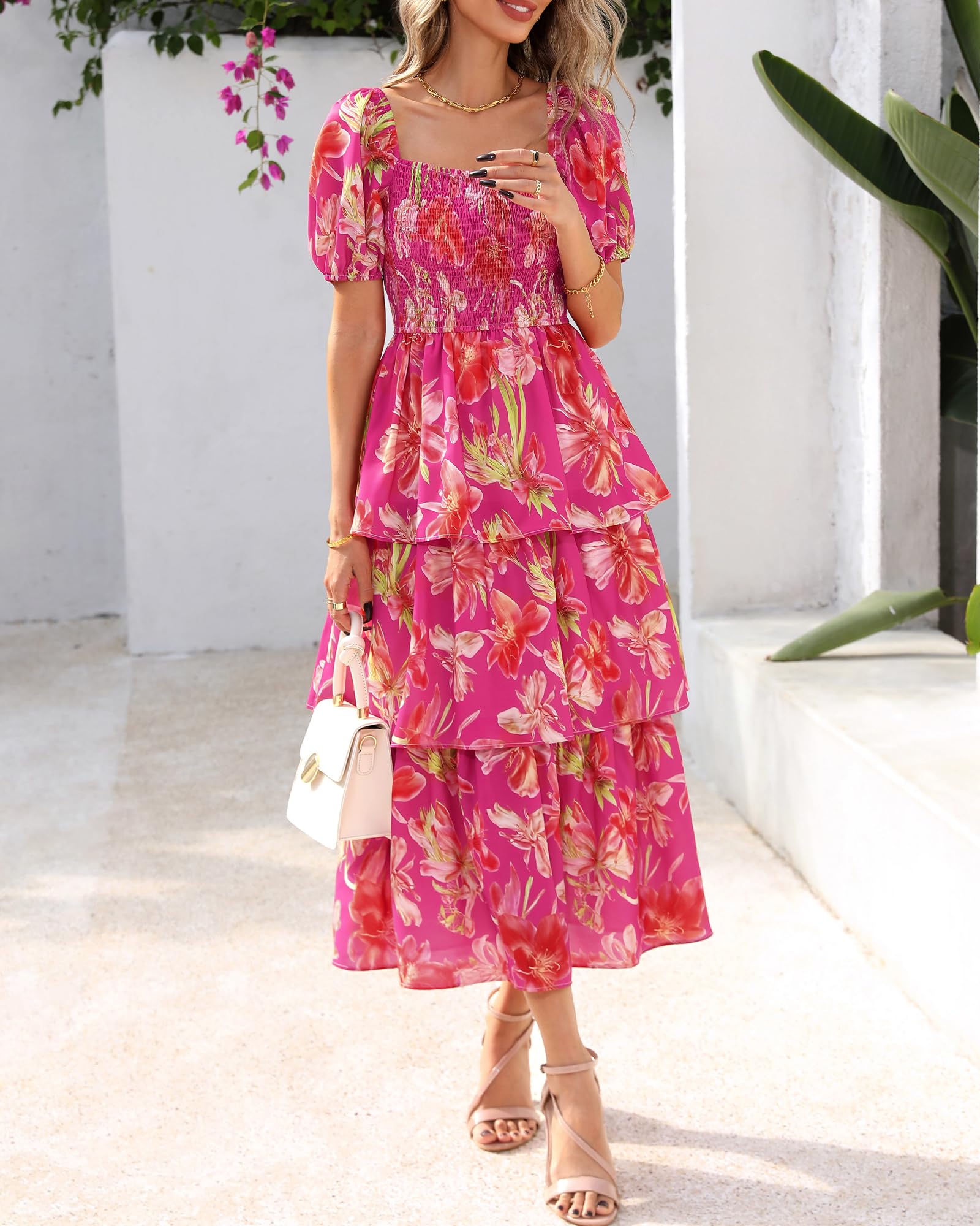 Foto 5 pulgar | Vestido Btfbm Para Mujer, Cuello Cuadrado, Manga Abullonada, Maxi Rojo - Venta Internacional.