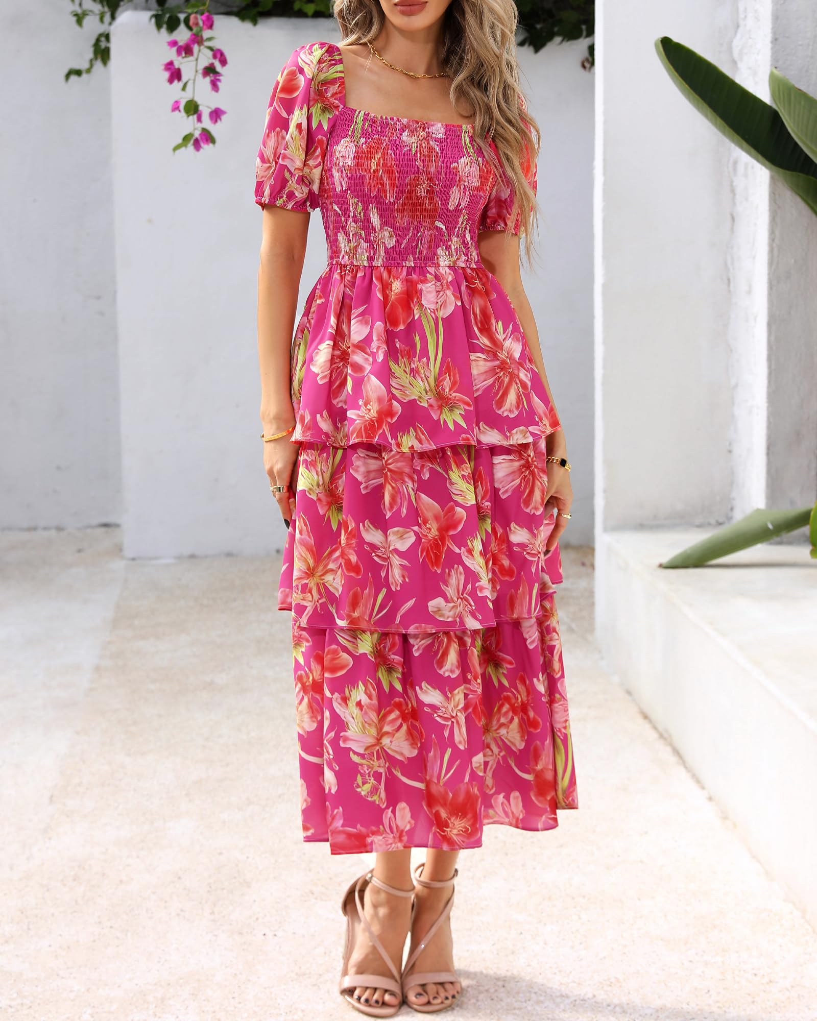 Foto 7 | Vestido Btfbm Para Mujer, Cuello Cuadrado, Manga Abullonada, Maxi Rojo - Venta Internacional.